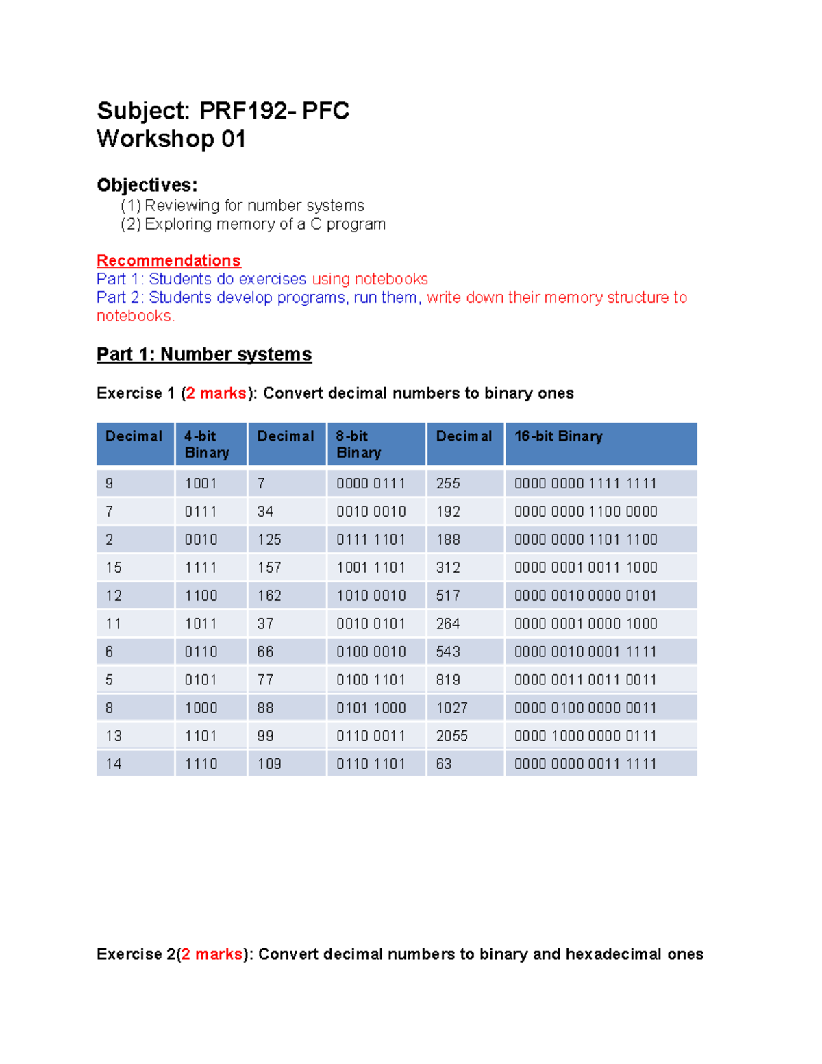 Prf192 - Subject: PRF192- PFC Workshop 01 Objectives: (1) Reviewing For ...