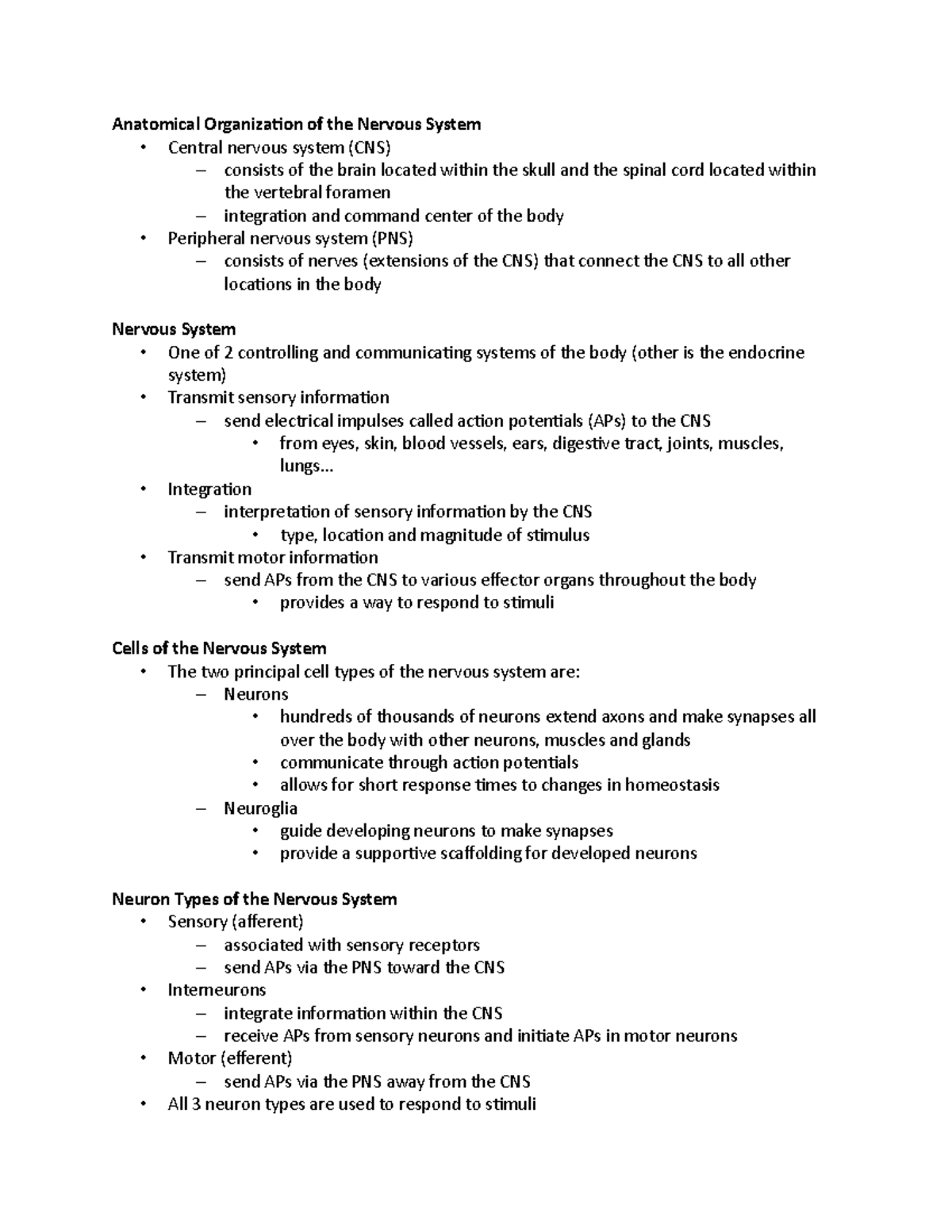Nervous System Notes Part 1 - Anatomical Organization of the Nervous ...