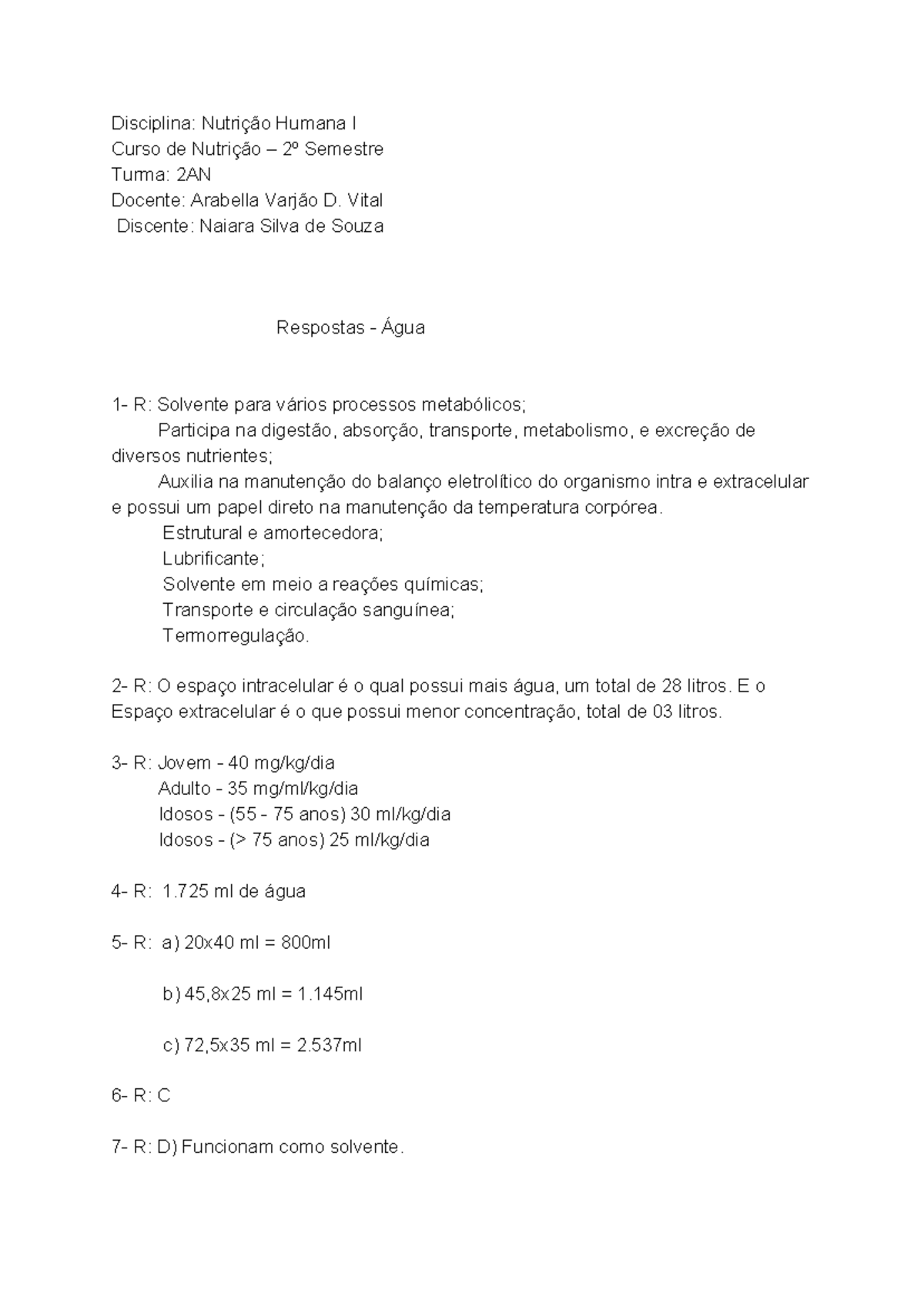 Exercícios Resolvidos Sobre Nutrição - Disciplina: Nutrição Humana I ...