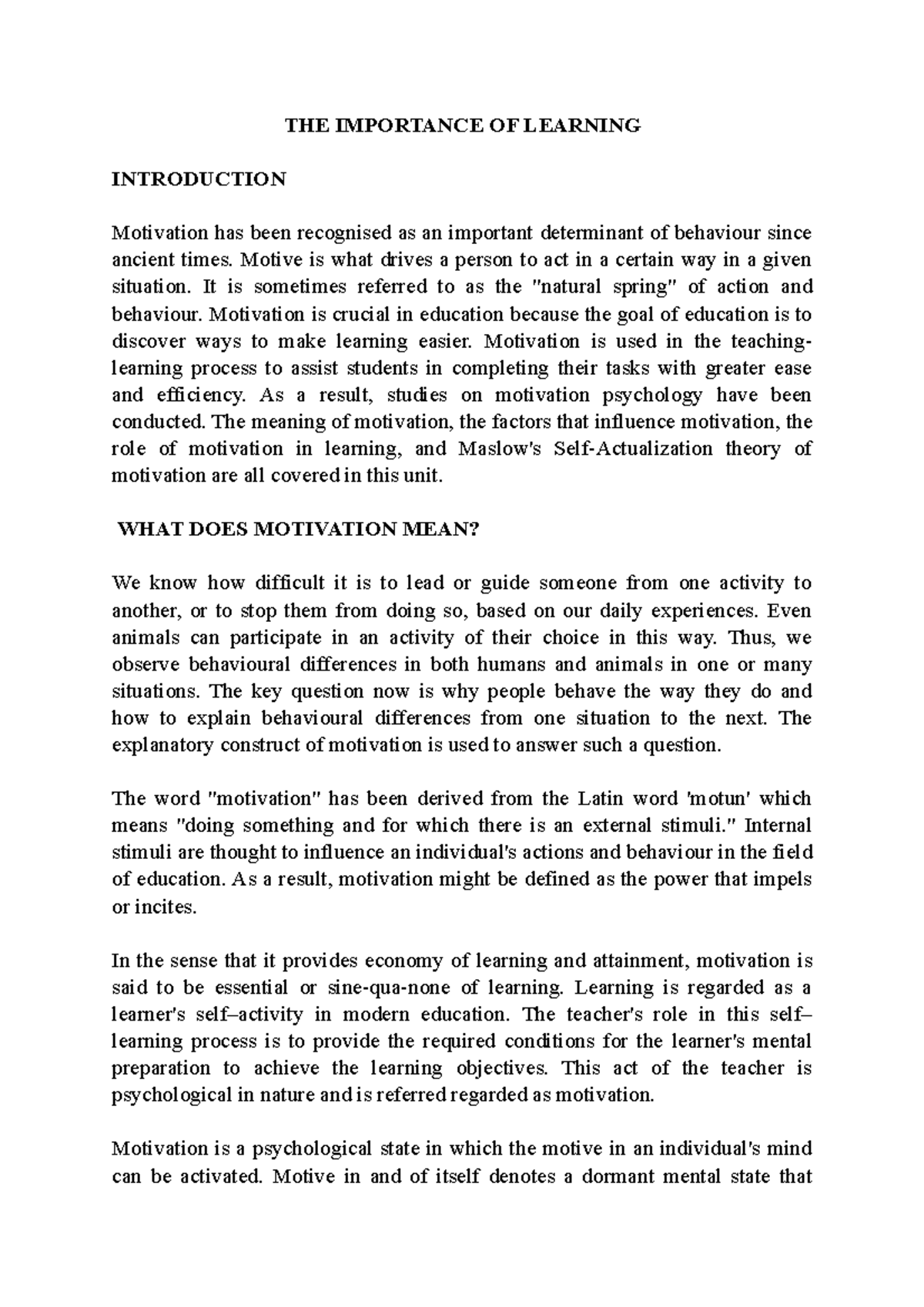 THE Importance OF Learning - THE IMPORTANCE OF LEARNING INTRODUCTION ...