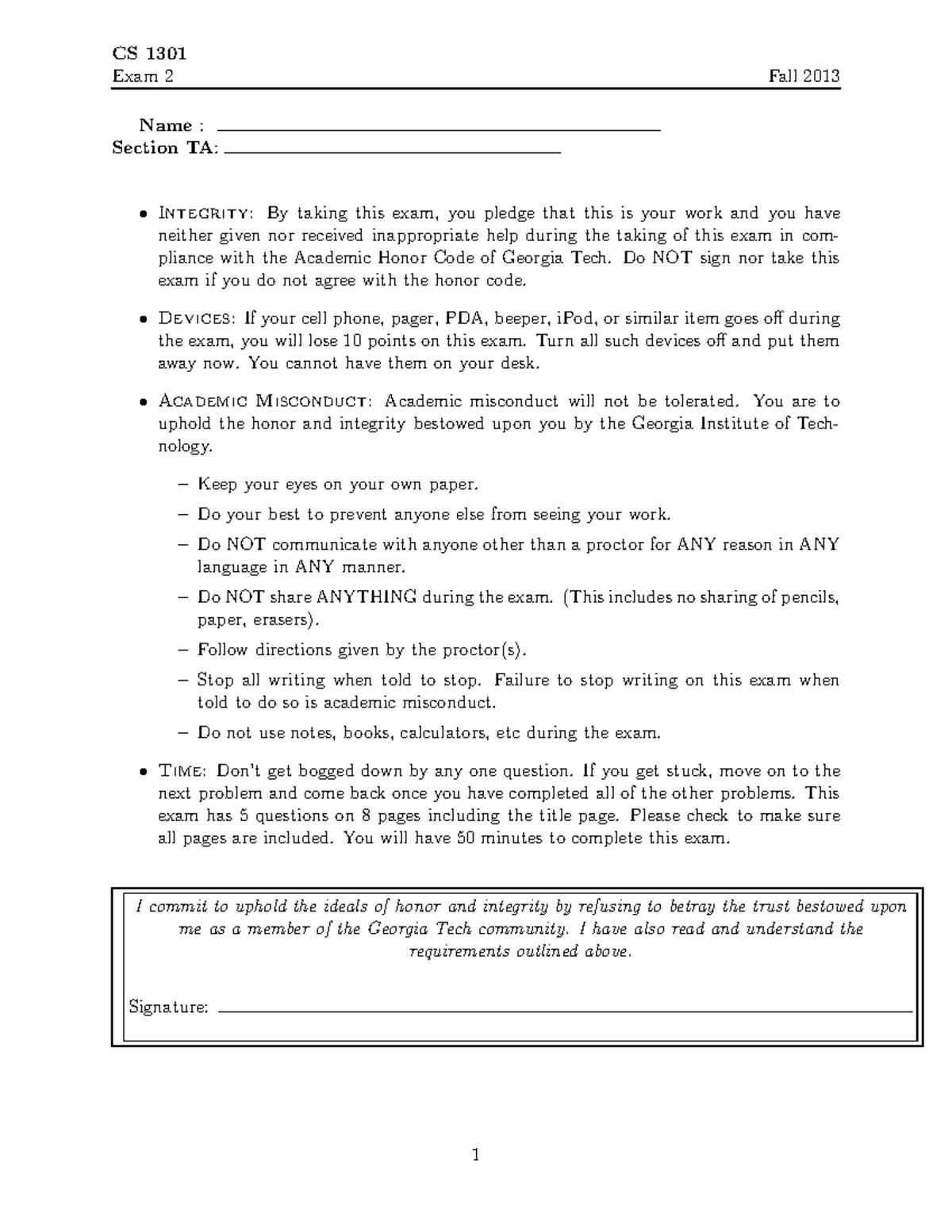 FA13 Exam 2 Solns - Exam Solutions - CS 1301 Exam 2 Fall 2013 Name ...