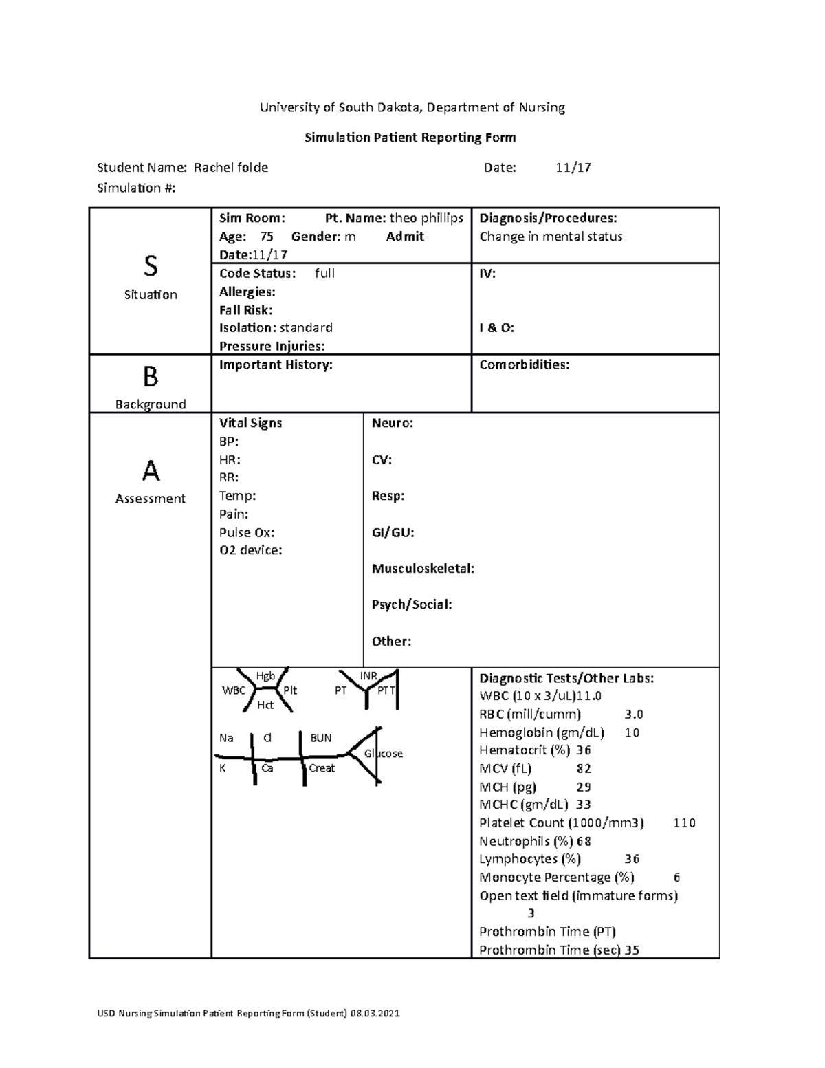 Simulation Patient Reporting Form student (16) - University of South ...