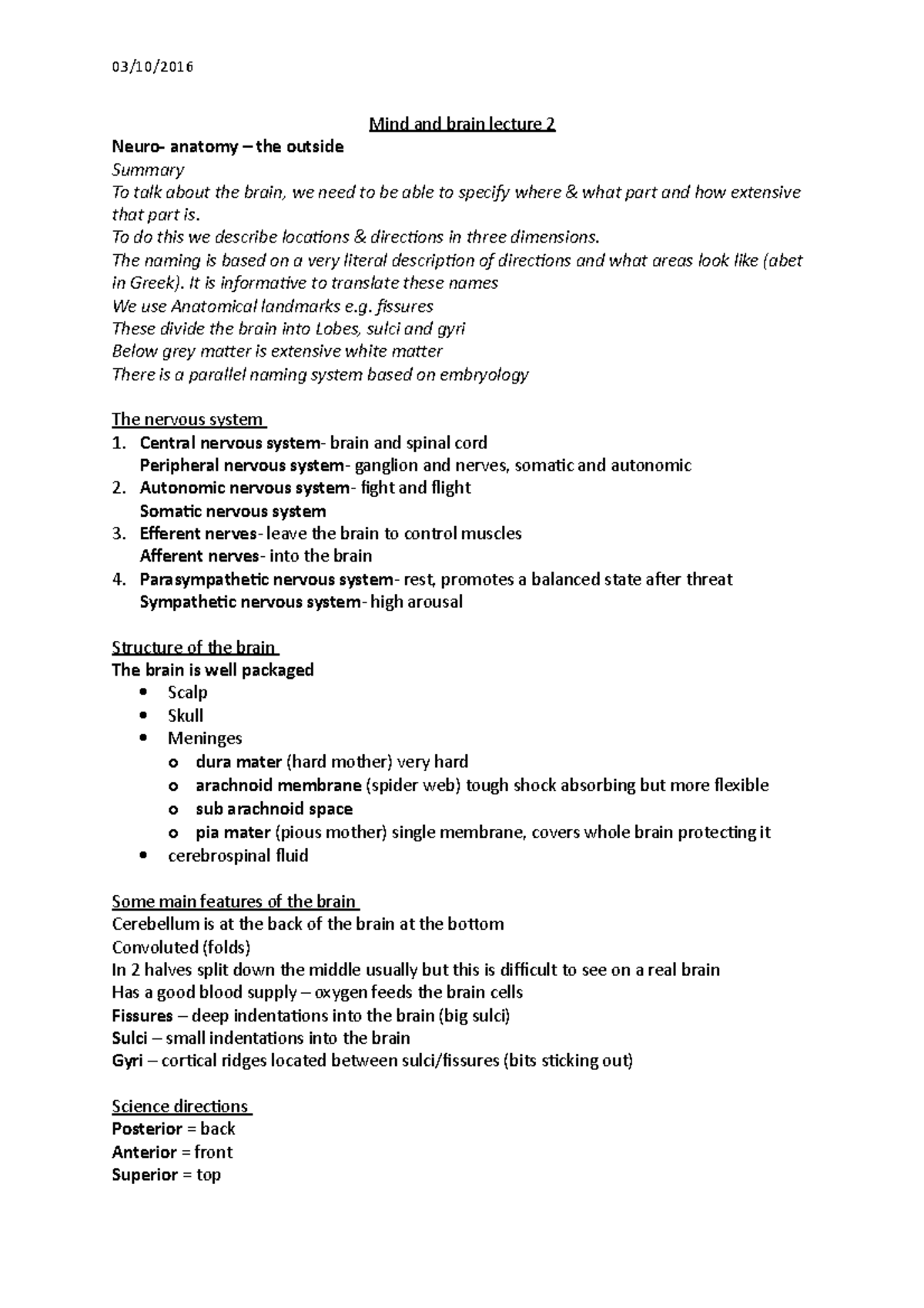 Mind and brain lecture 2 - 03/10/ Mind and brain lecture 2 Neuro ...