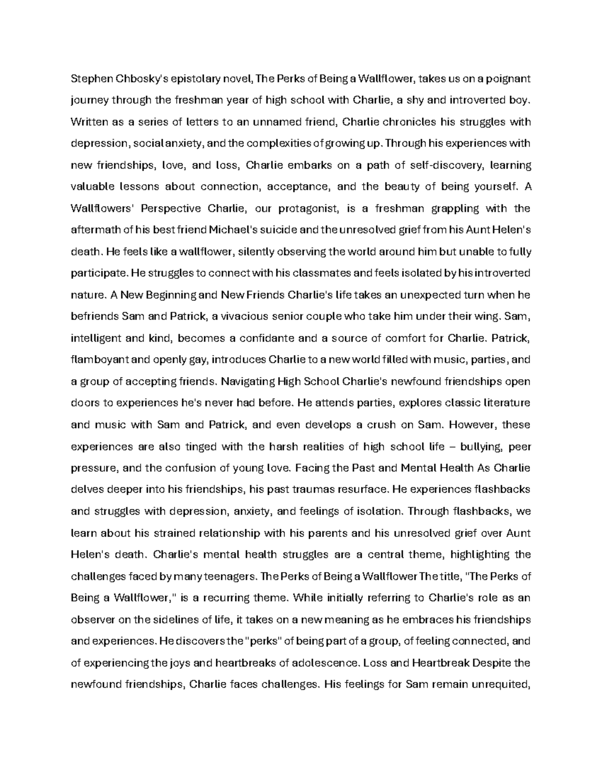 The Perks Of Being A Wallflower Novel Summary The Perks of Being a Wallflower summary - Stephen Chbosky's epistolary