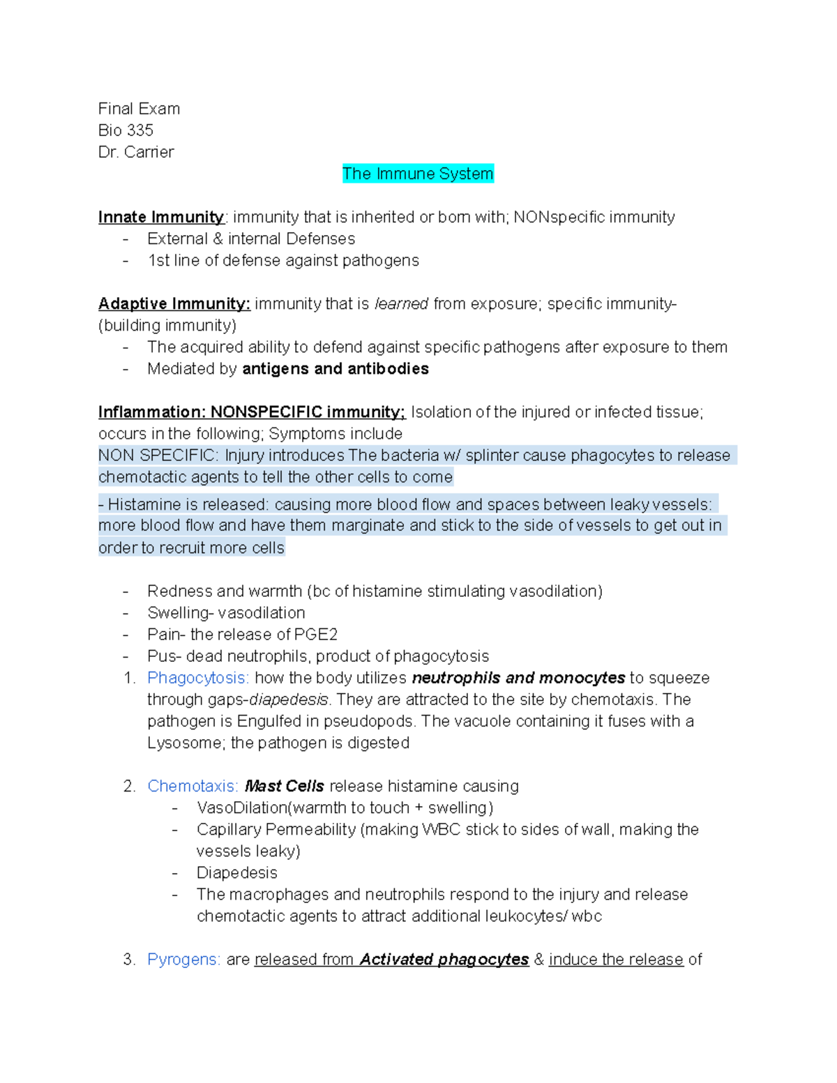 Final Exam Dr. Carrier Final Exam Bio 335 Dr. Carrier The Immune