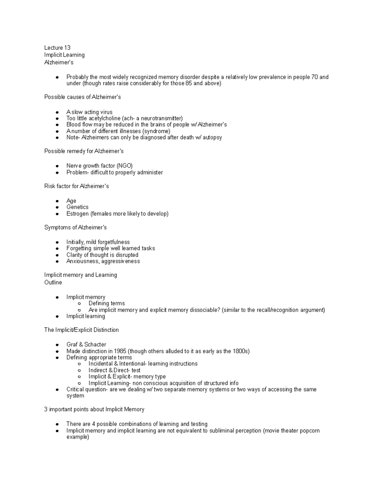 Lecture 13 - notes - Lecture 13 Implicit Learning Alzheimer’s Probably ...