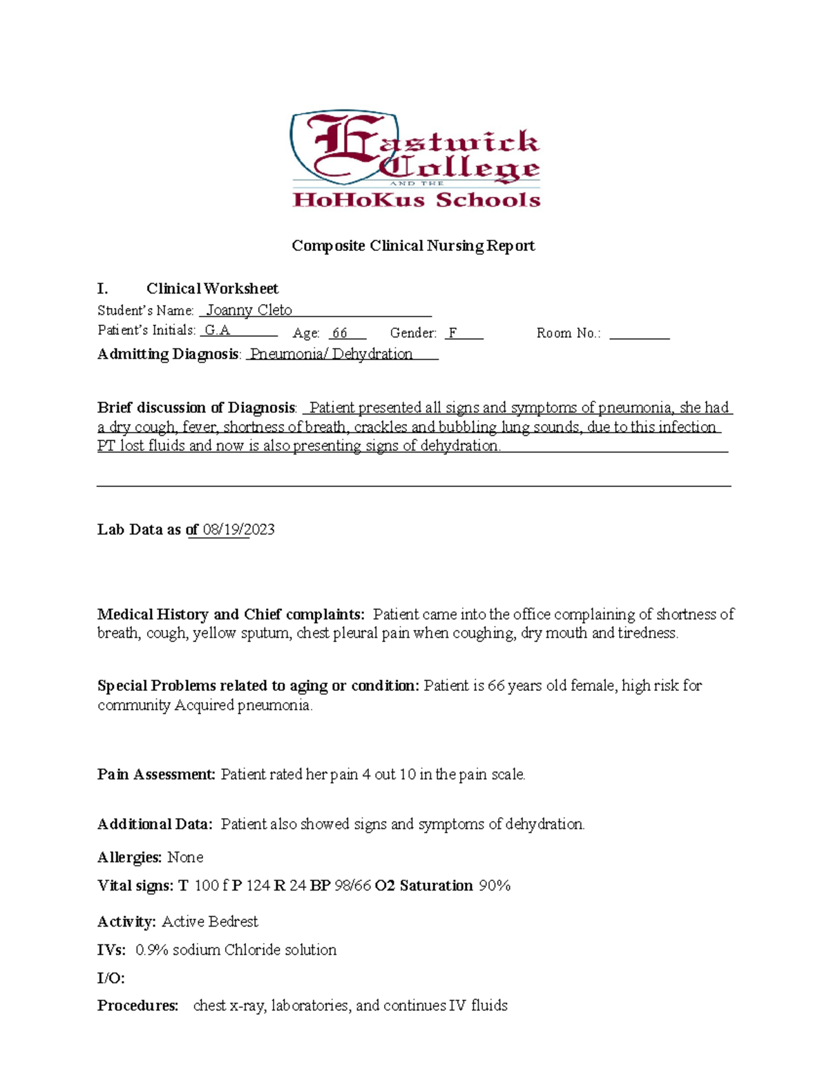 Pneumonia care plan - n/a - Composite Clinical Nursing Report I ...