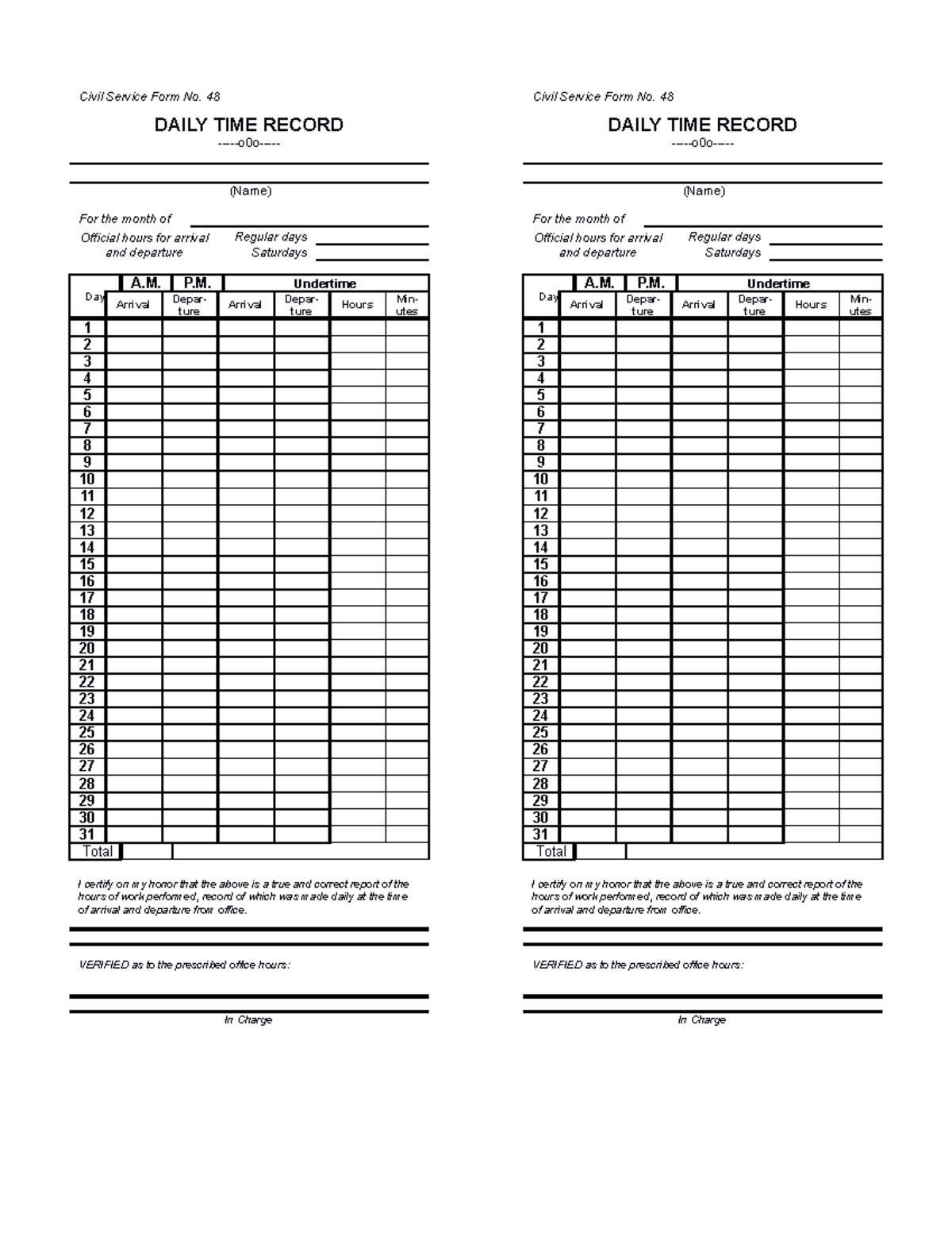 Appendix 24 - Daily Time Record (DTR) - Civil Service Form No. 48 DAILY ...