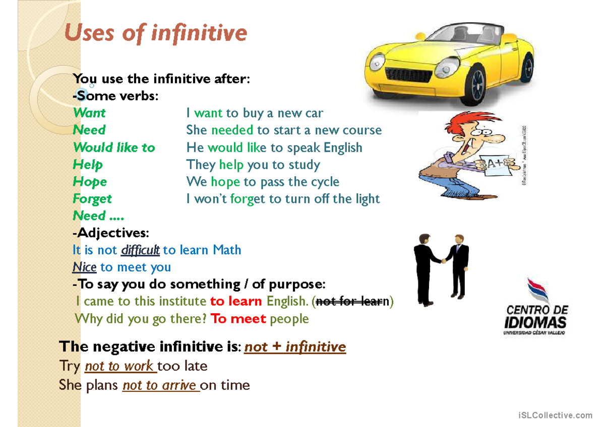 Infinitive - Gerund - ................ - Uses of infinitive You use the ...