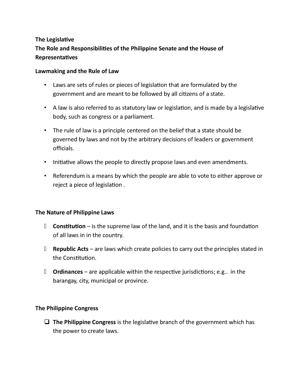 The Legislative, Role And Responsibilities Of The Philippine Senate And  House Of The Representative - Studocu