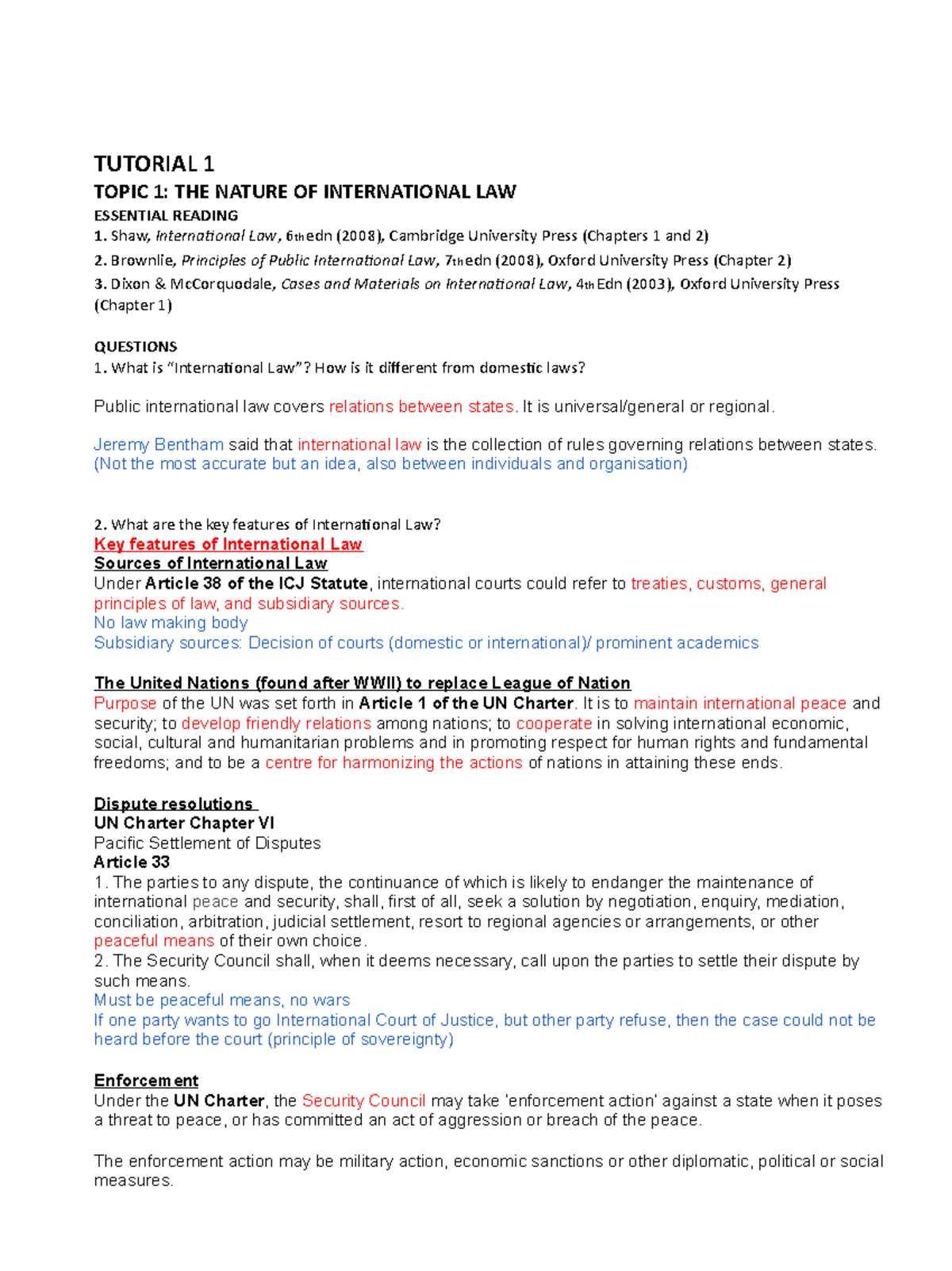 Tutorial 1 - TUTORIAL 1 TOPIC 1: THE NATURE OF INTERNATIONAL LAW ...