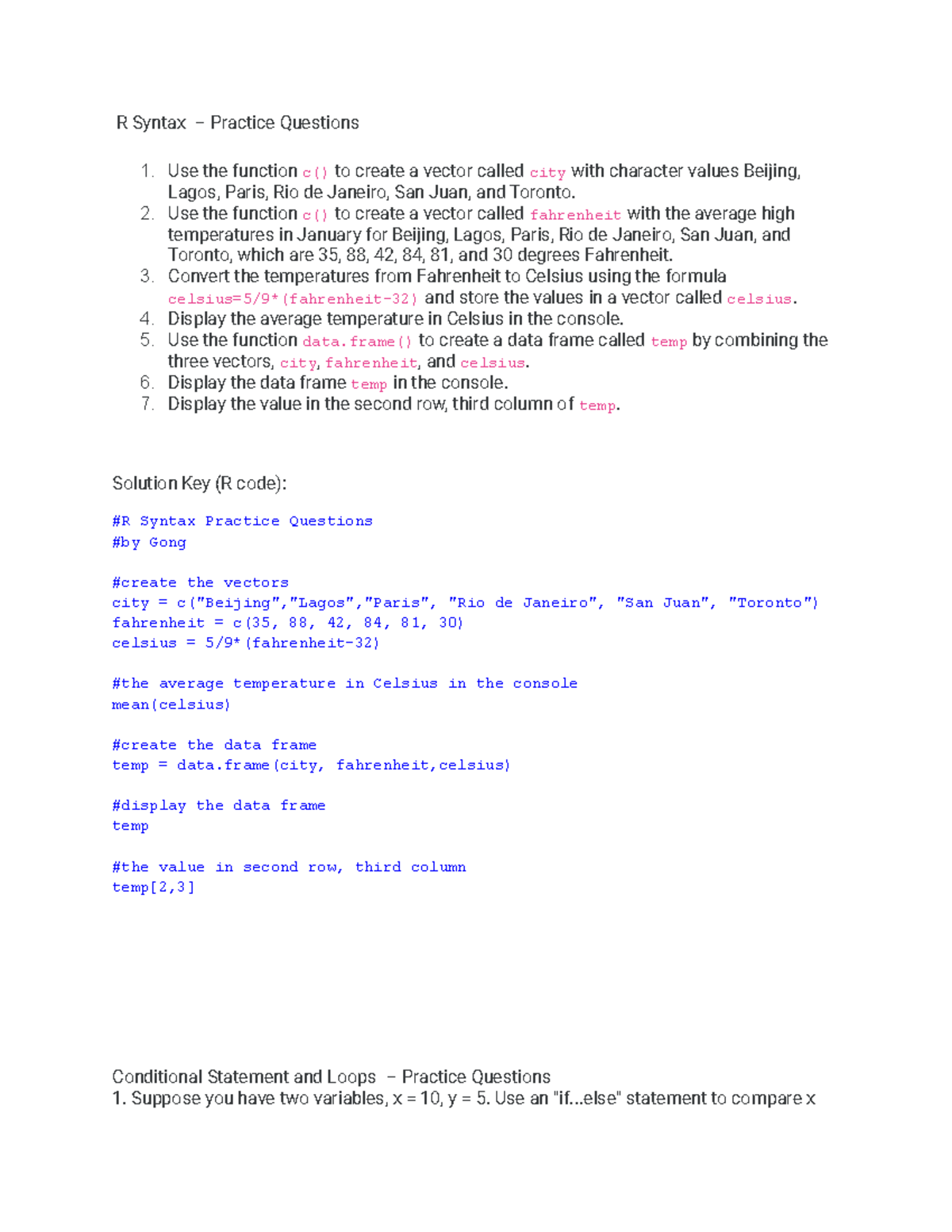 Exam 1 review questions - R Syntax – Practice Questions 1. Use the ...