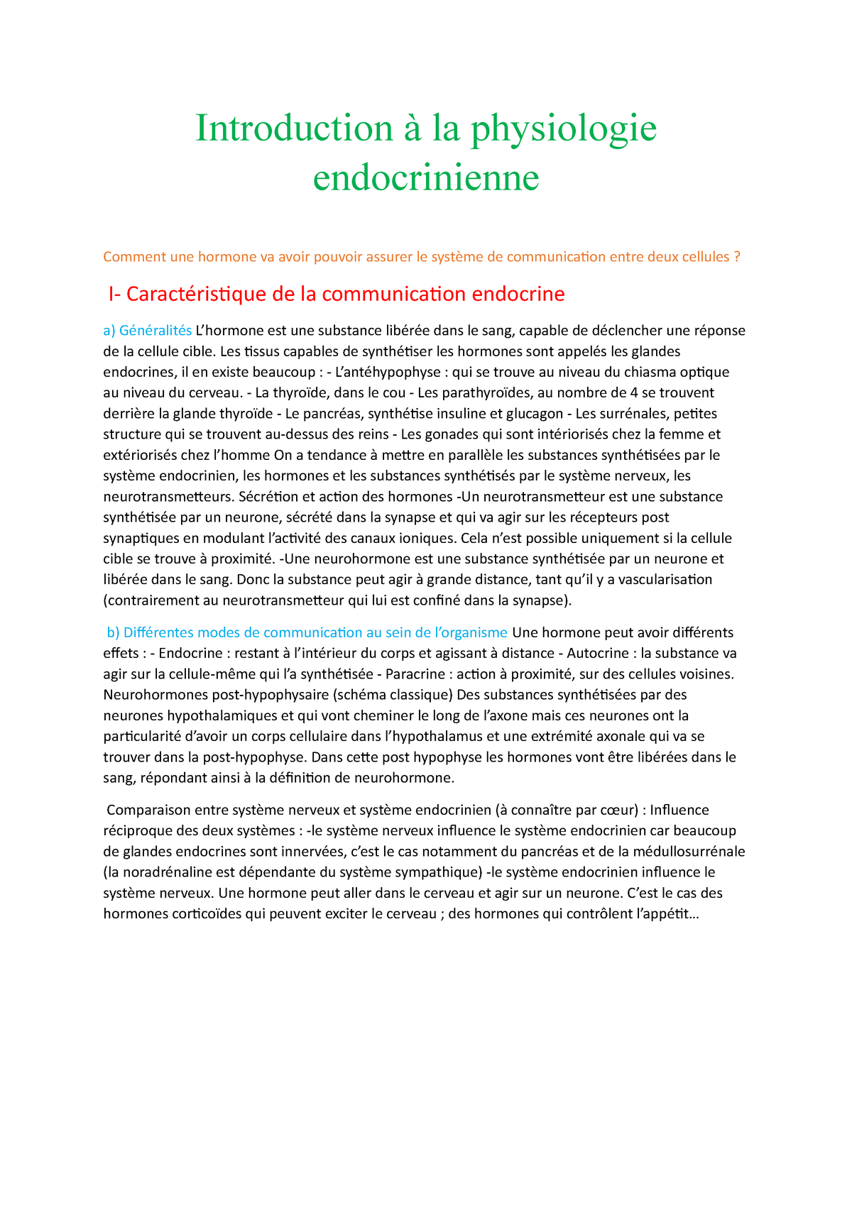 Introduction à la physiologie endocrinienne - StuDocu