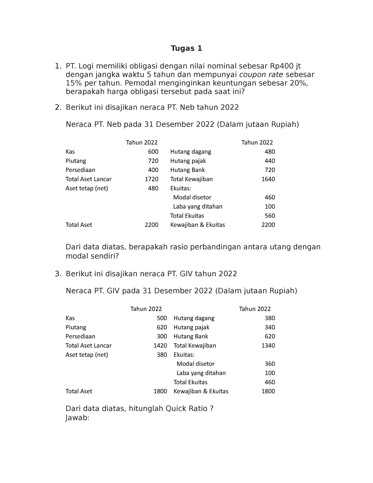Tugas 1 Tuton 2023 2 2 Soal Tugas 1 1 Pt Logi Memiliki Obligasi