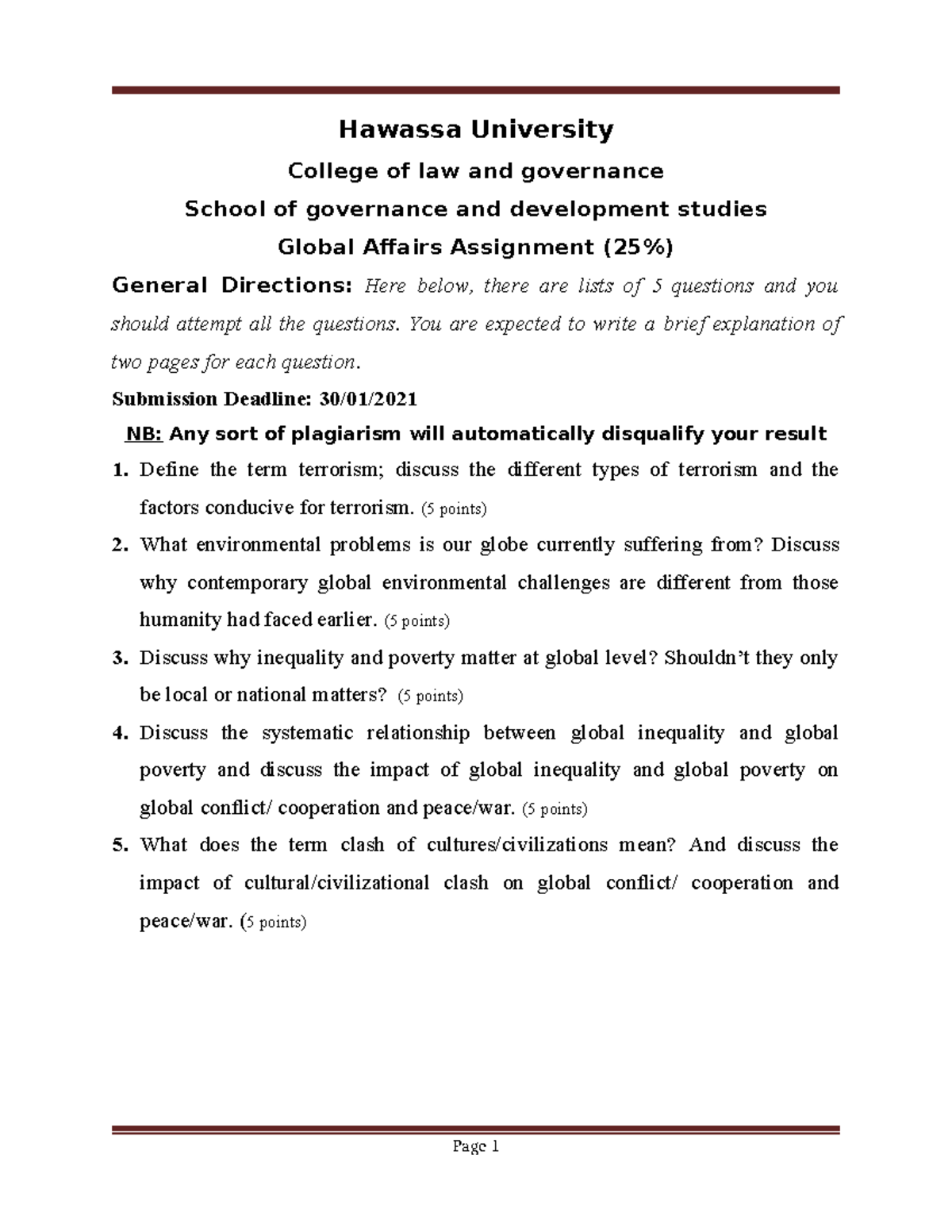 Global Assignment - Hawassa University College Of Law And Governance 