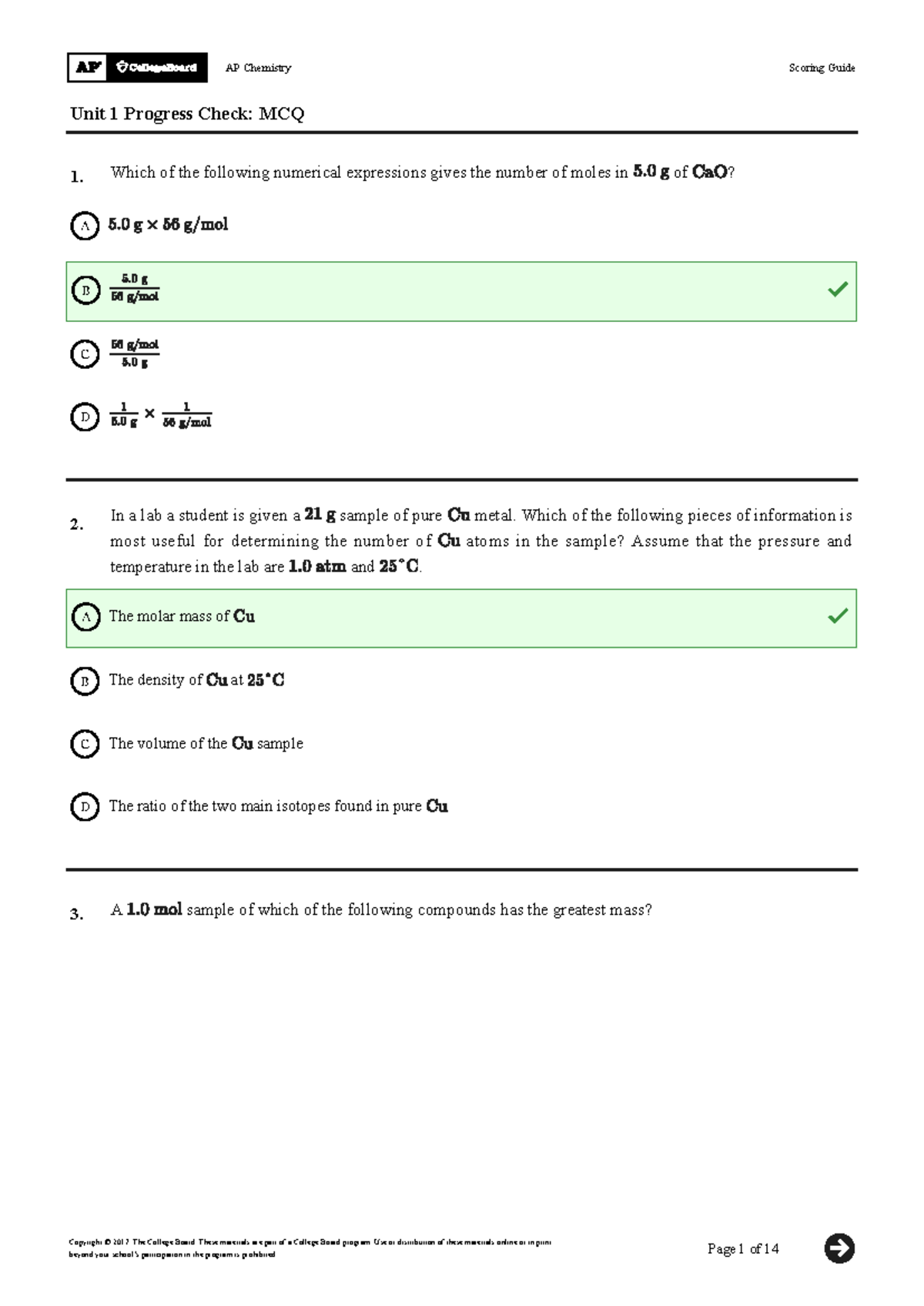 AP Chem Unit 1 Progress check scoring guide - Unit 1 Progress Check ...