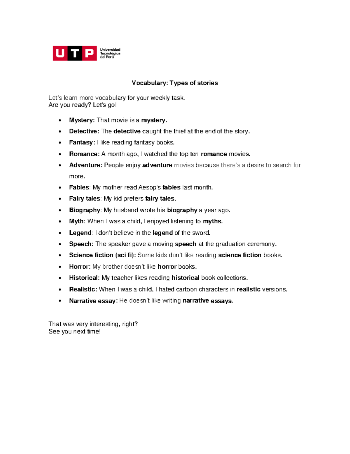 Week 3 Script Vocabulary Types of stories Vocabulary Types of