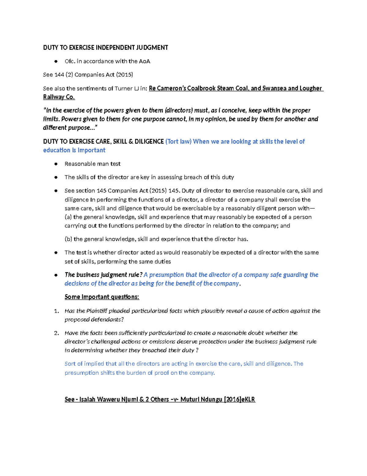 Notes 5 August - Law of business associations - DUTY TO EXERCISE ...