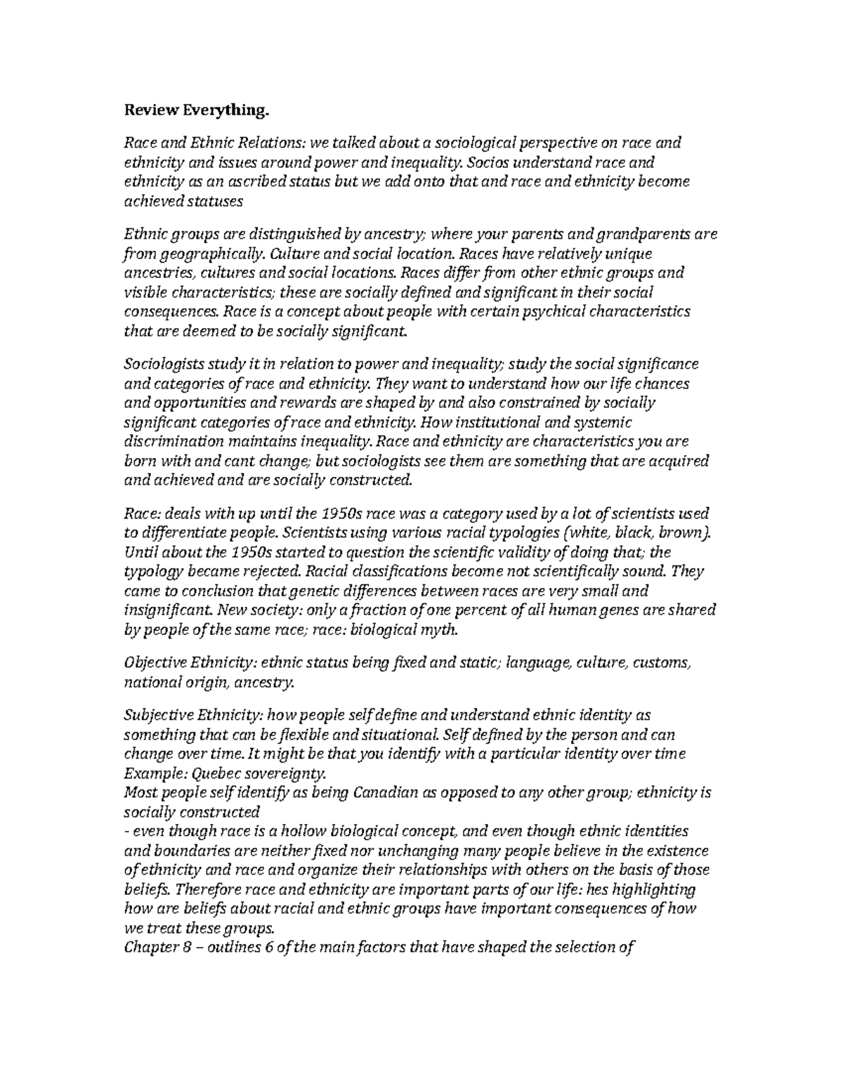 Sociology Exam Review - Review Everything. Race and Ethnic Relations ...