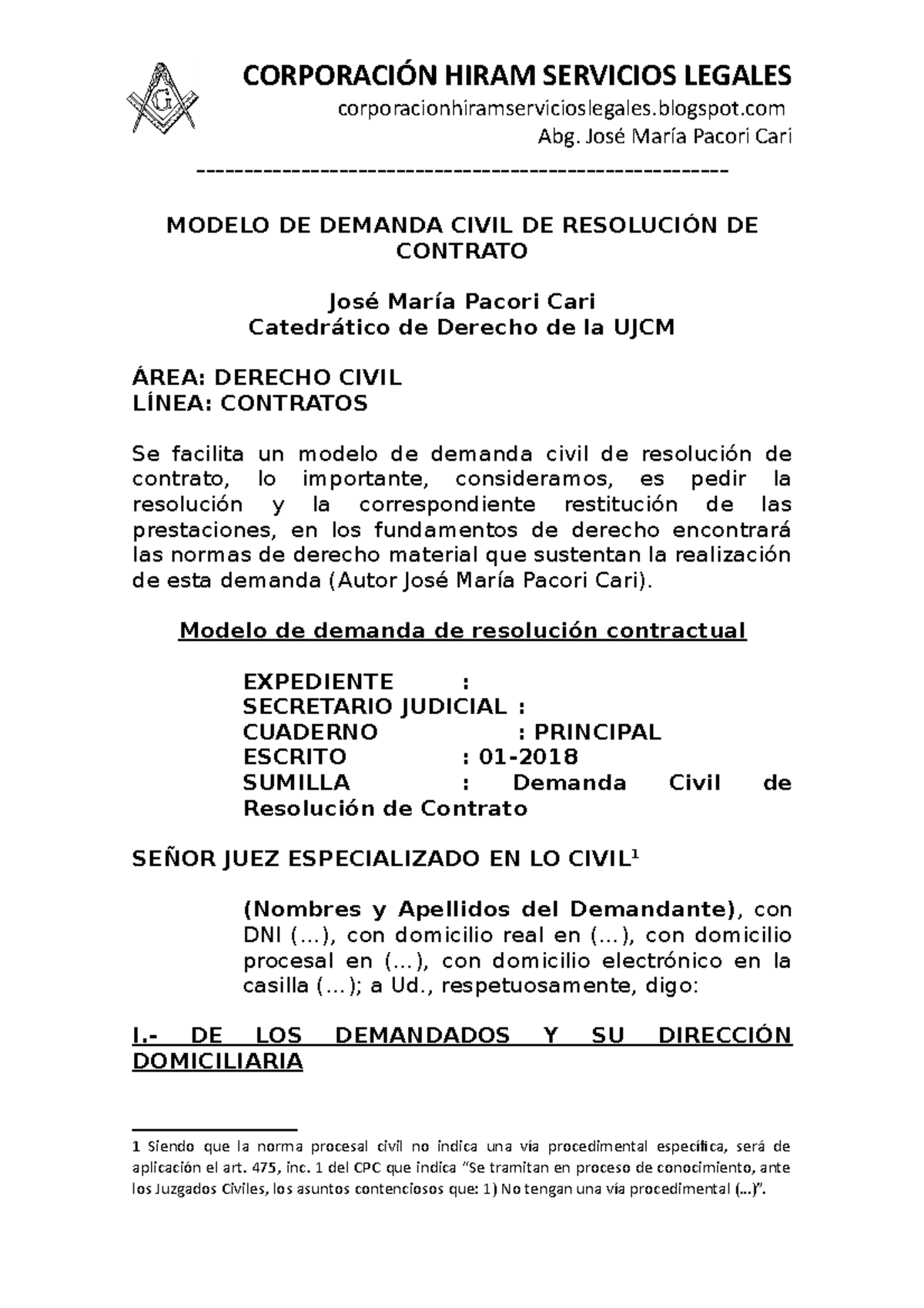 Modelo DE Demanda Civil DE Resolucion DE ...