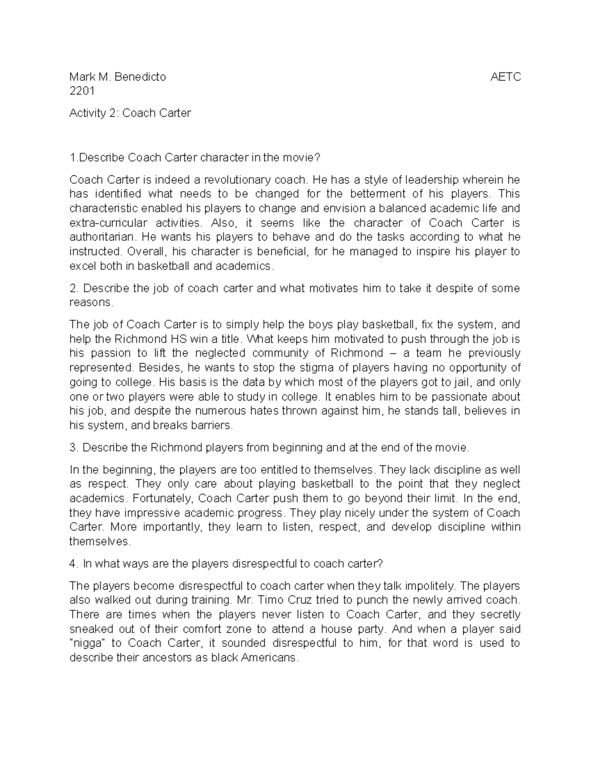 PE Coach Carter Summary BIT Automotive Technology Mark M. Benedicto