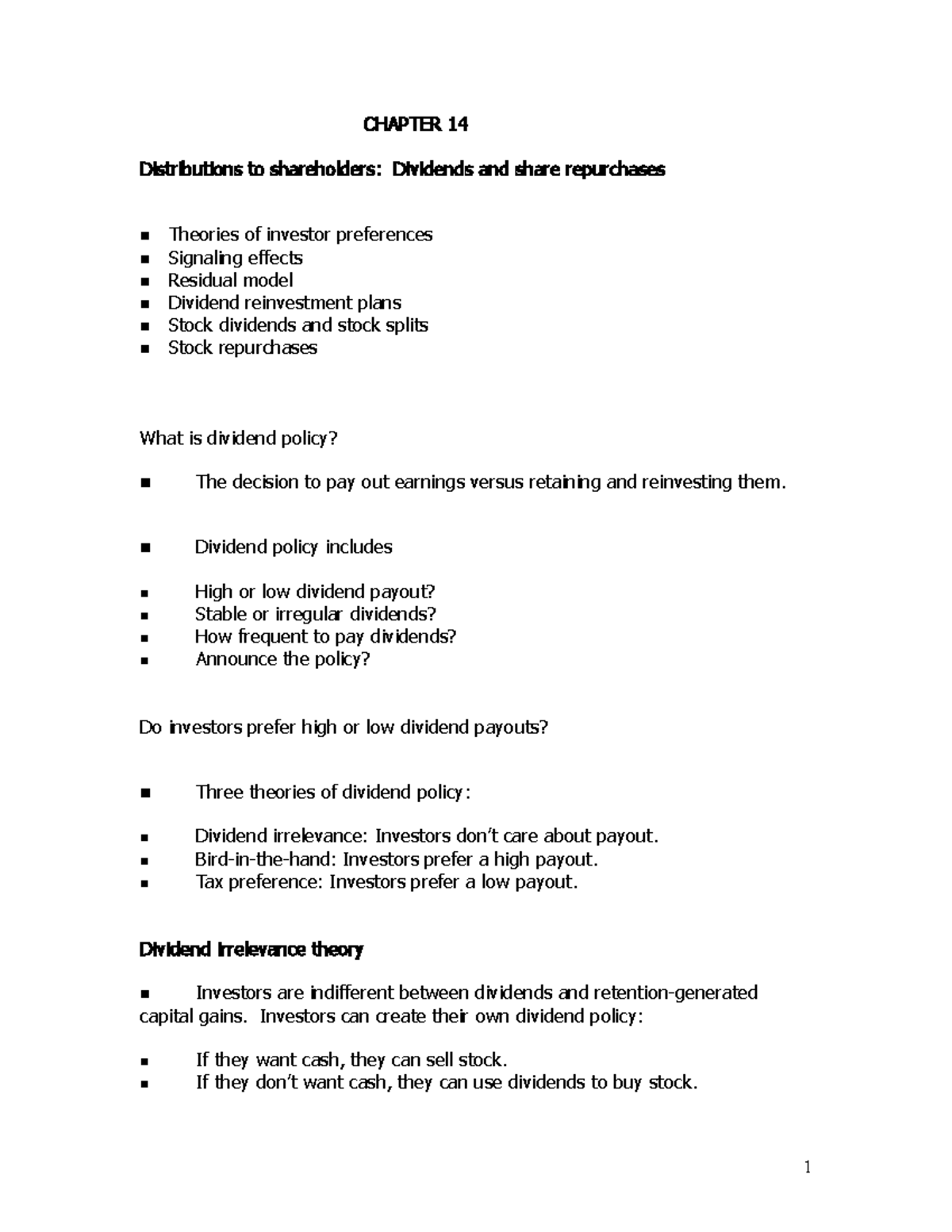 Dividend Policy Ww - CHAPTER 14 Distributions To Shareholders ...