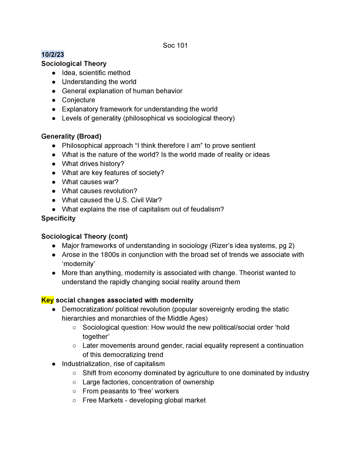 Soc 101 Lecture notes full - Soc 101 10/2/ Sociological Theory Idea ...