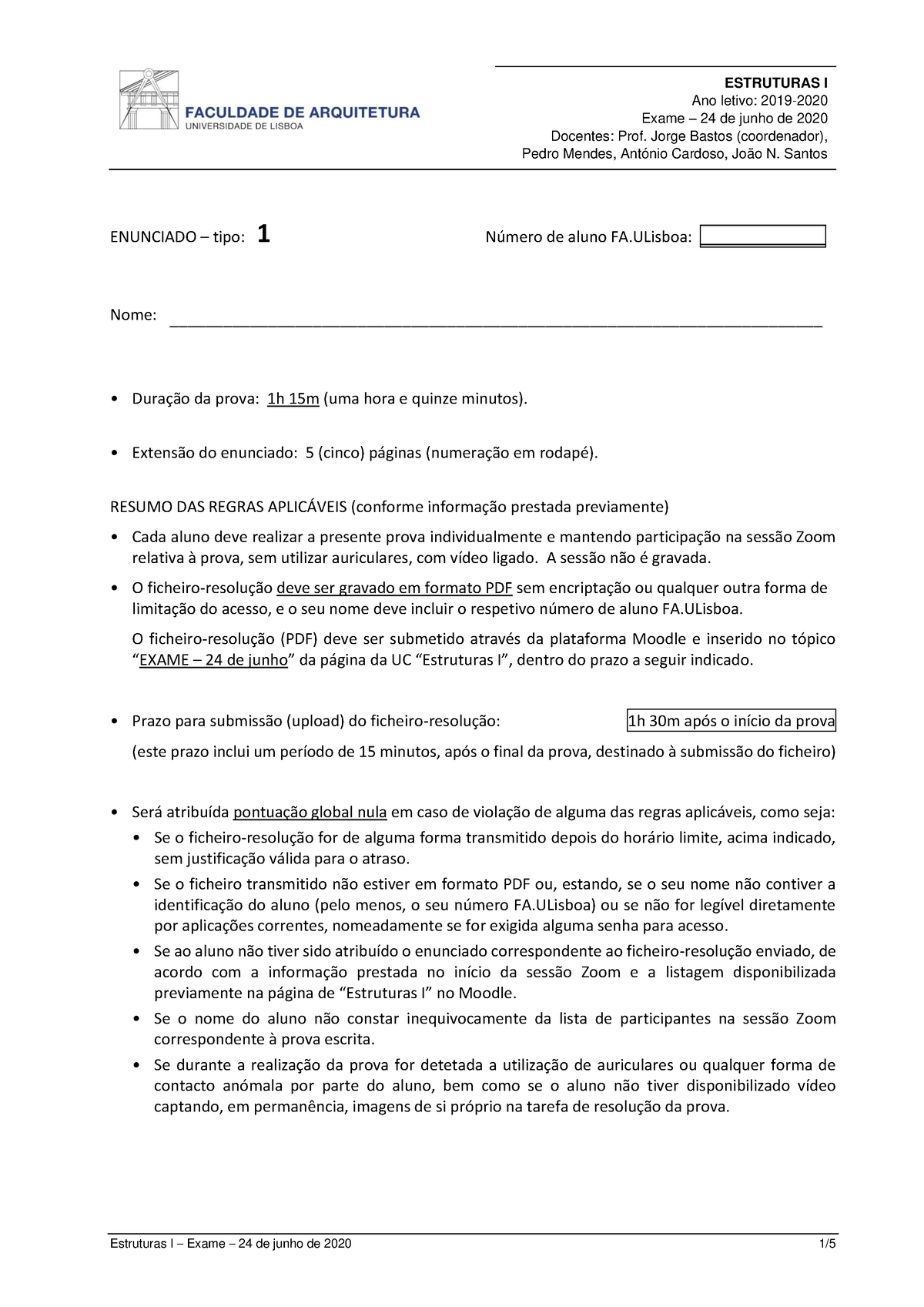 Exame Estruturas I 2020 Estruturas I Ano Letivo 2019 Exame 24 De Junho De 2020 Docentes 3967