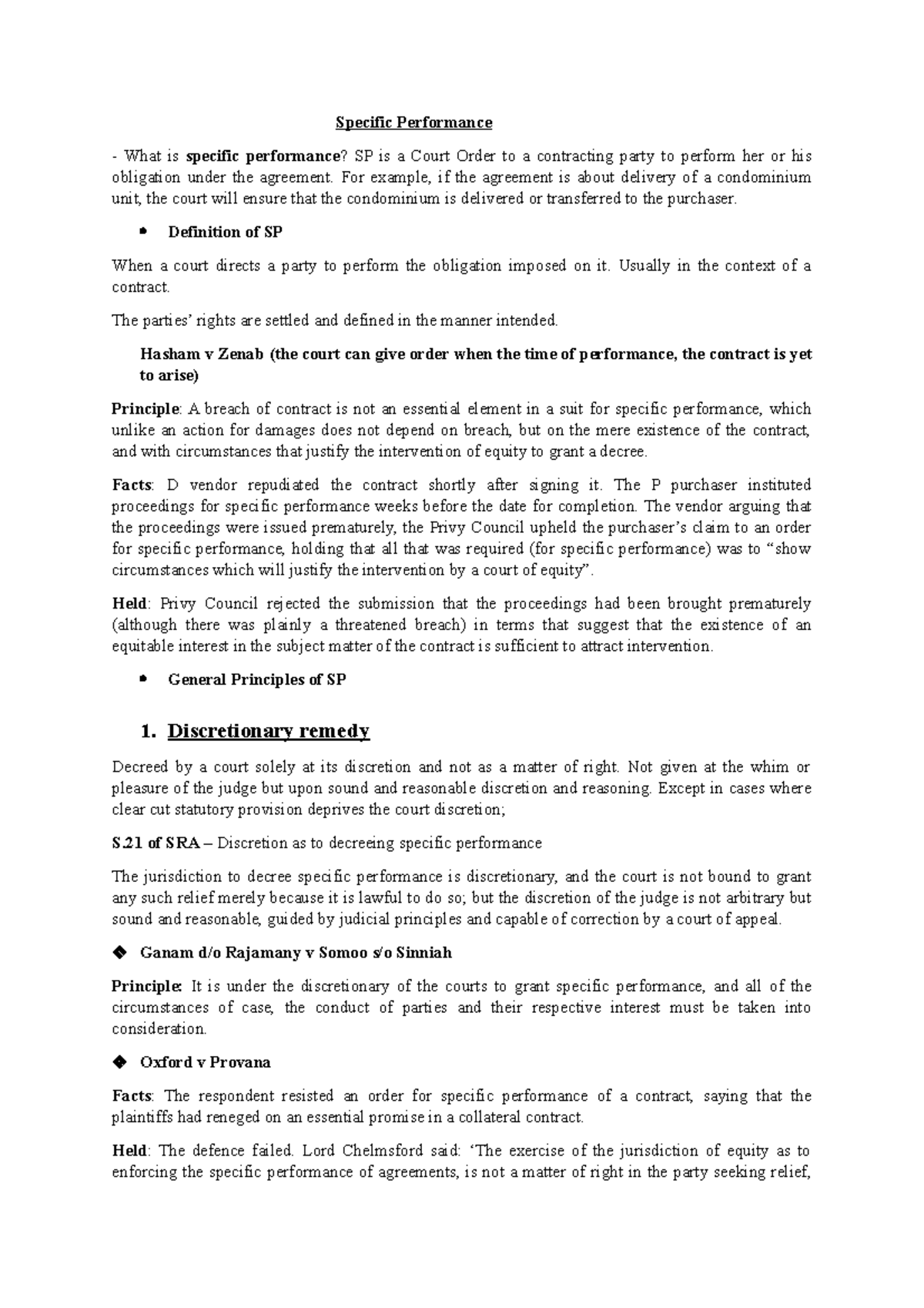 Chapter 7 Specific Performance Specific Performance What Is Specific 