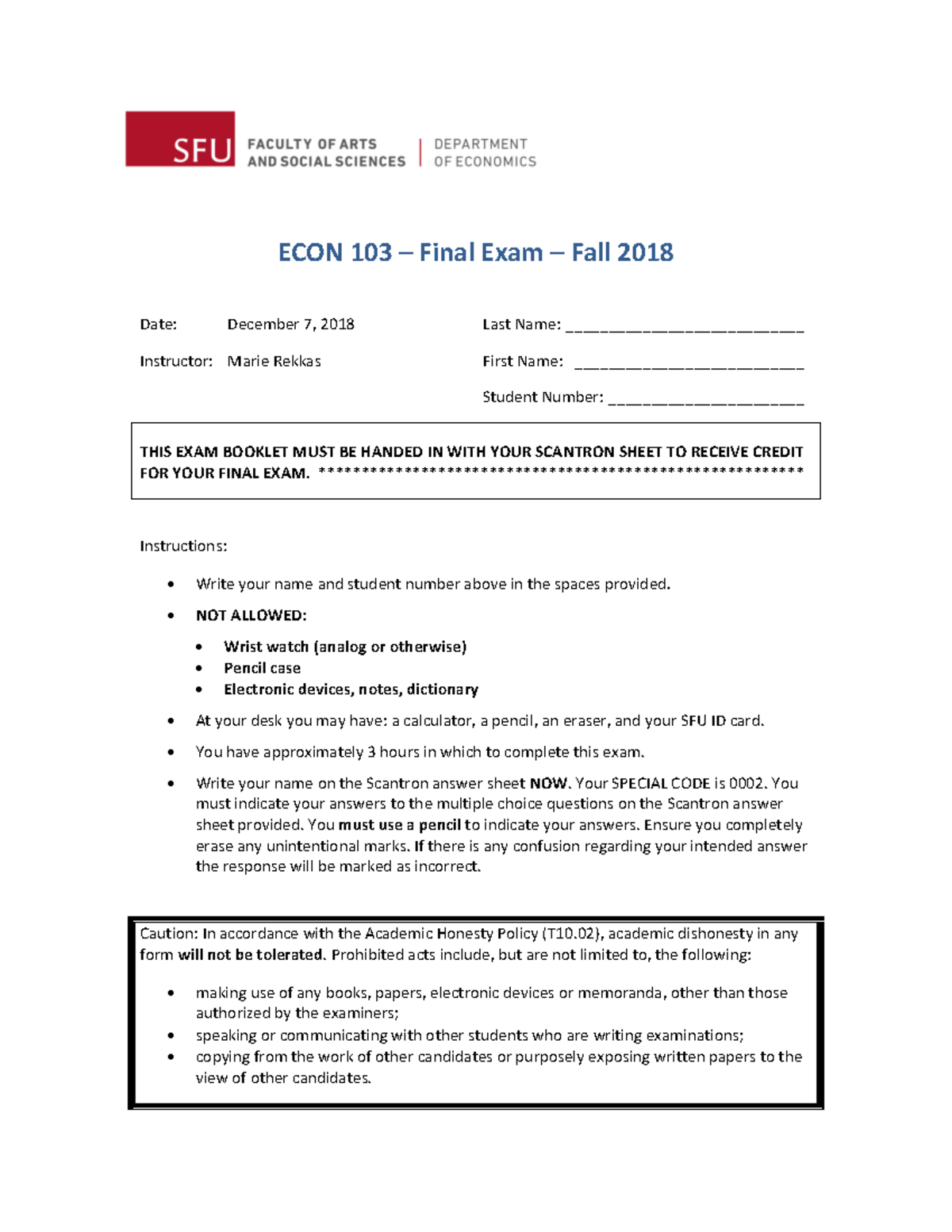 FINAL EXAM 7 December 2018, questions - ECON 103 – Final Exam – Fall ...