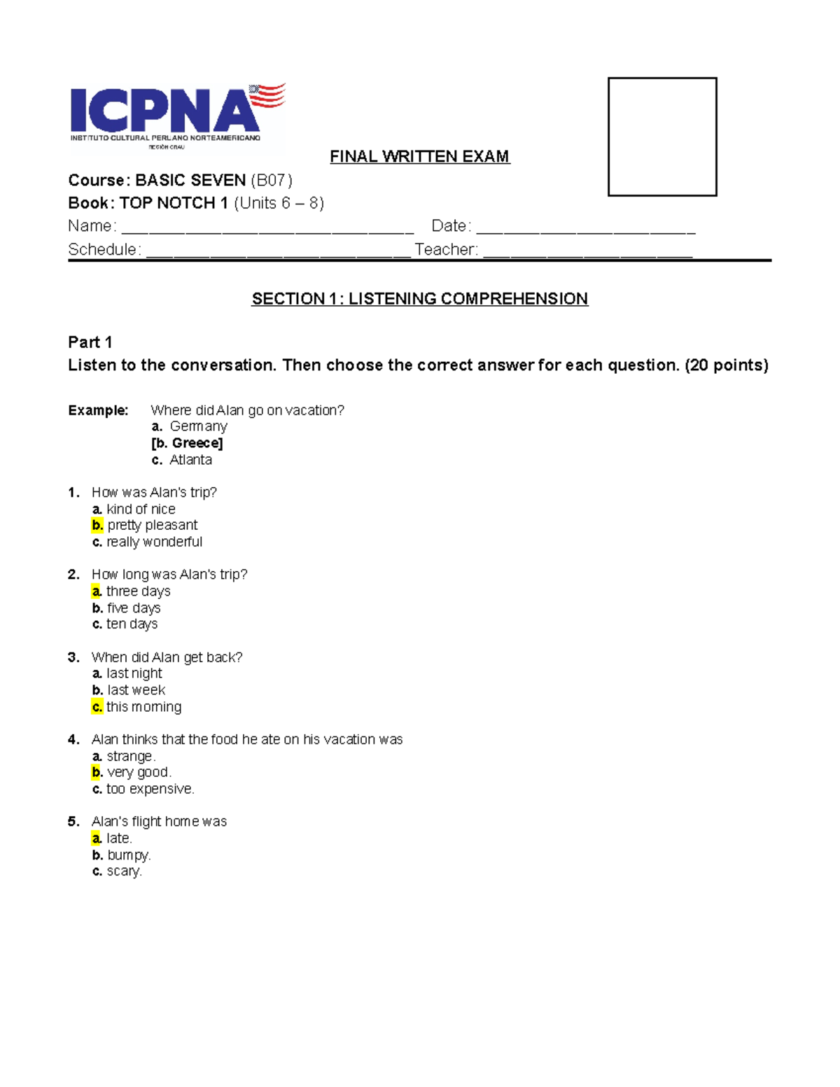 Fwingles 332 derecho fueste FINAL WRITTEN EXAM Course BASIC SEVEN