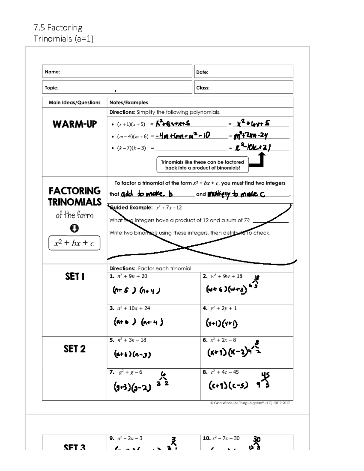 7.5 hw - math3324 - 7 Factoring Trinomials (a=1) - Studocu