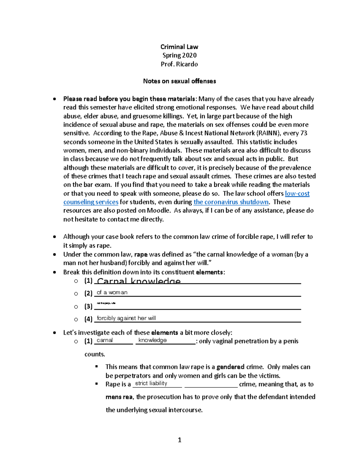 HO sexual offenses fillable - Criminal Law Spring 2020 Prof. Ricardo ...