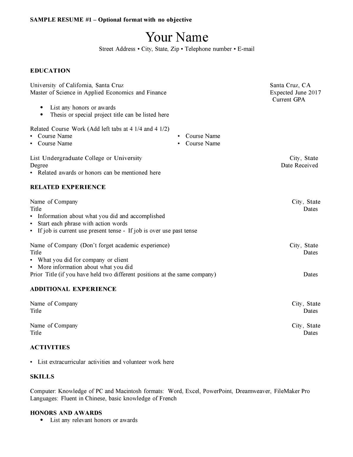 Sample-resumes - qwq - SAMPLE RESUME #1 – Optional format with no ...