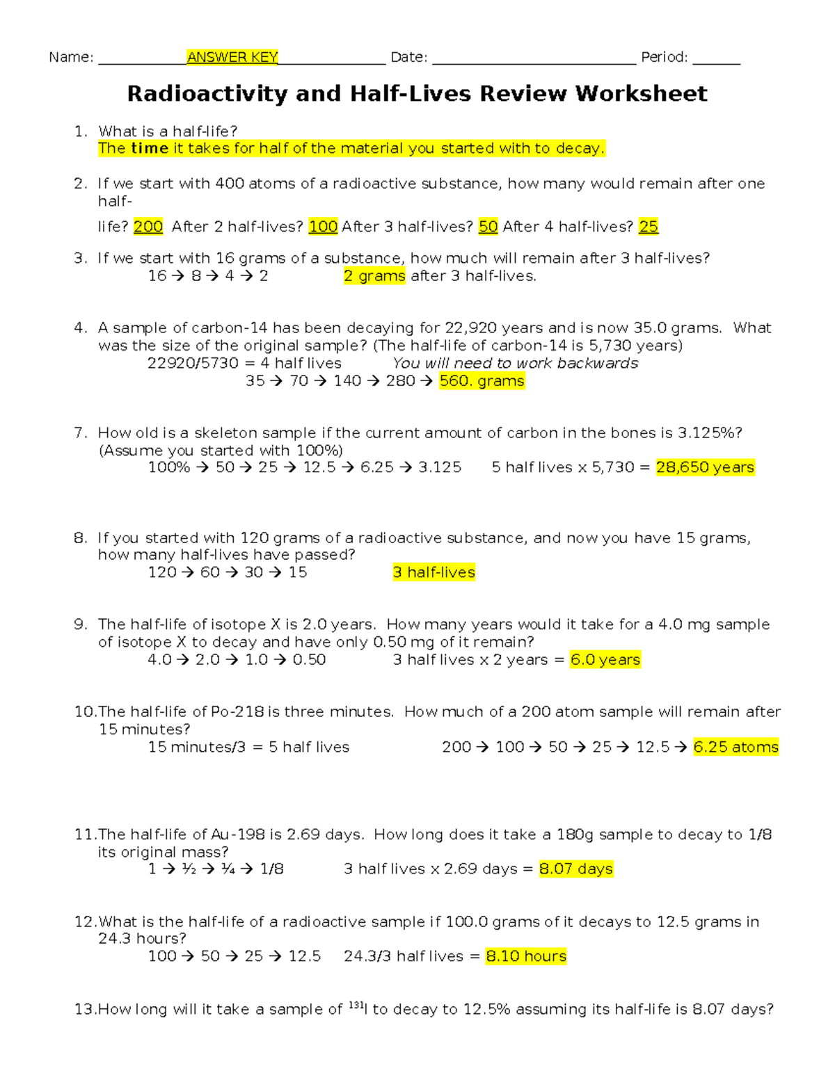 Half Lives Worksheet Name Answer Key Date Period 9253