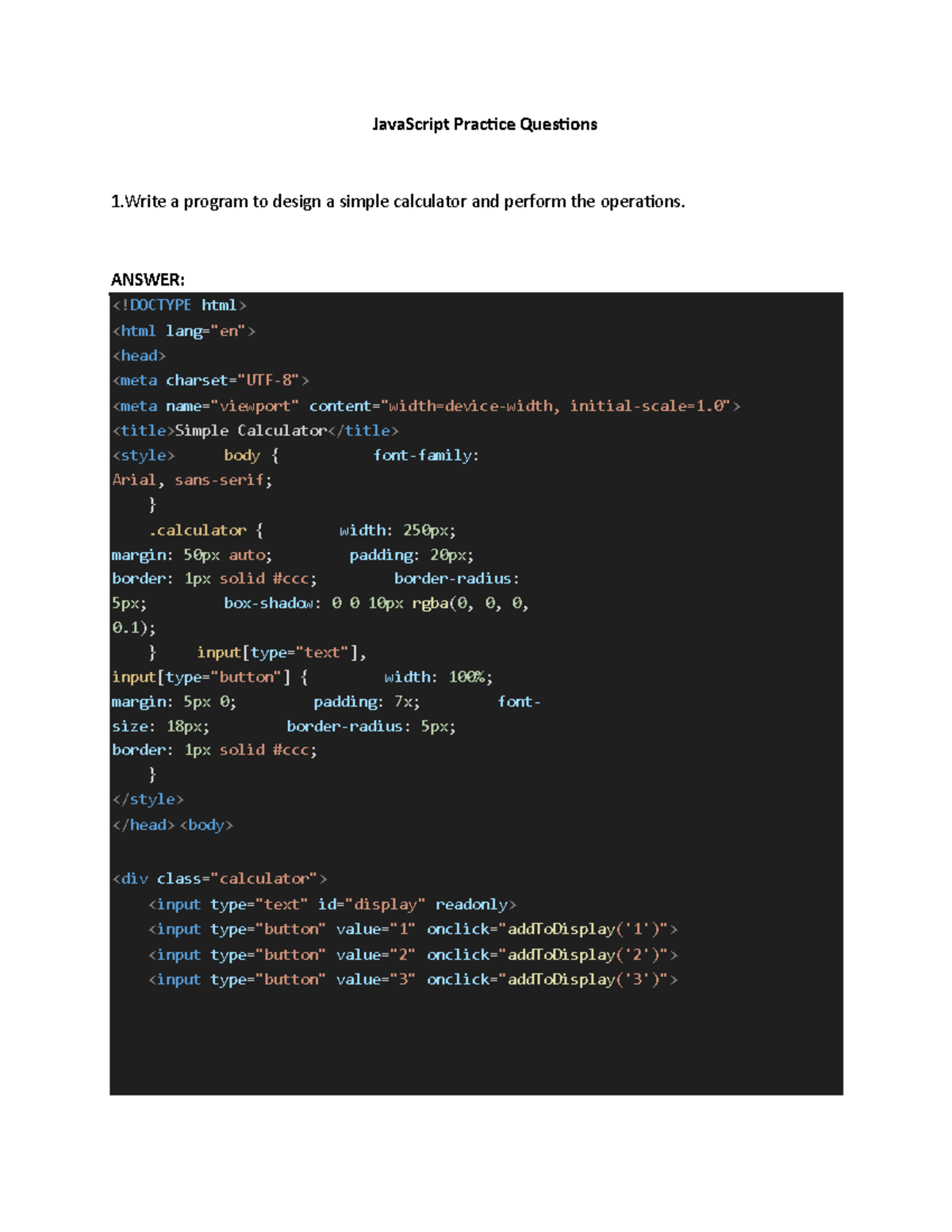 Java Script Practice Question - ANSWER: - Studocu