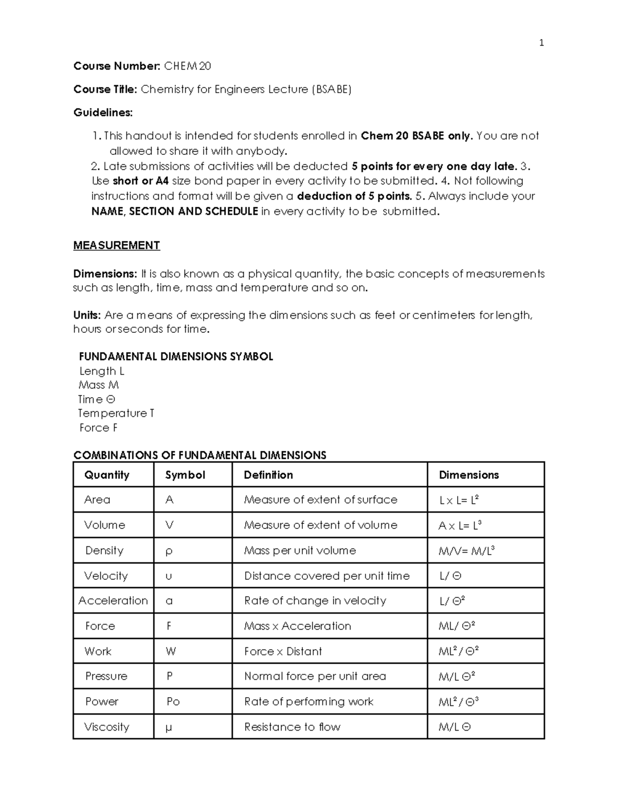 CHEM FOR ENGR. 1 - LECTURE FOR CHEM ENG - 1 Course Number: CHEM 20 ...