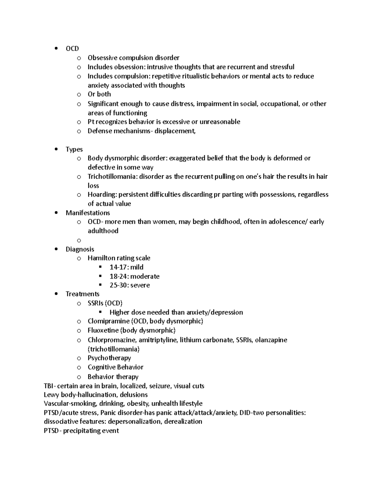 Exam 2 MH - Study Guide - OCD o Obsessive compulsion disorder o ...