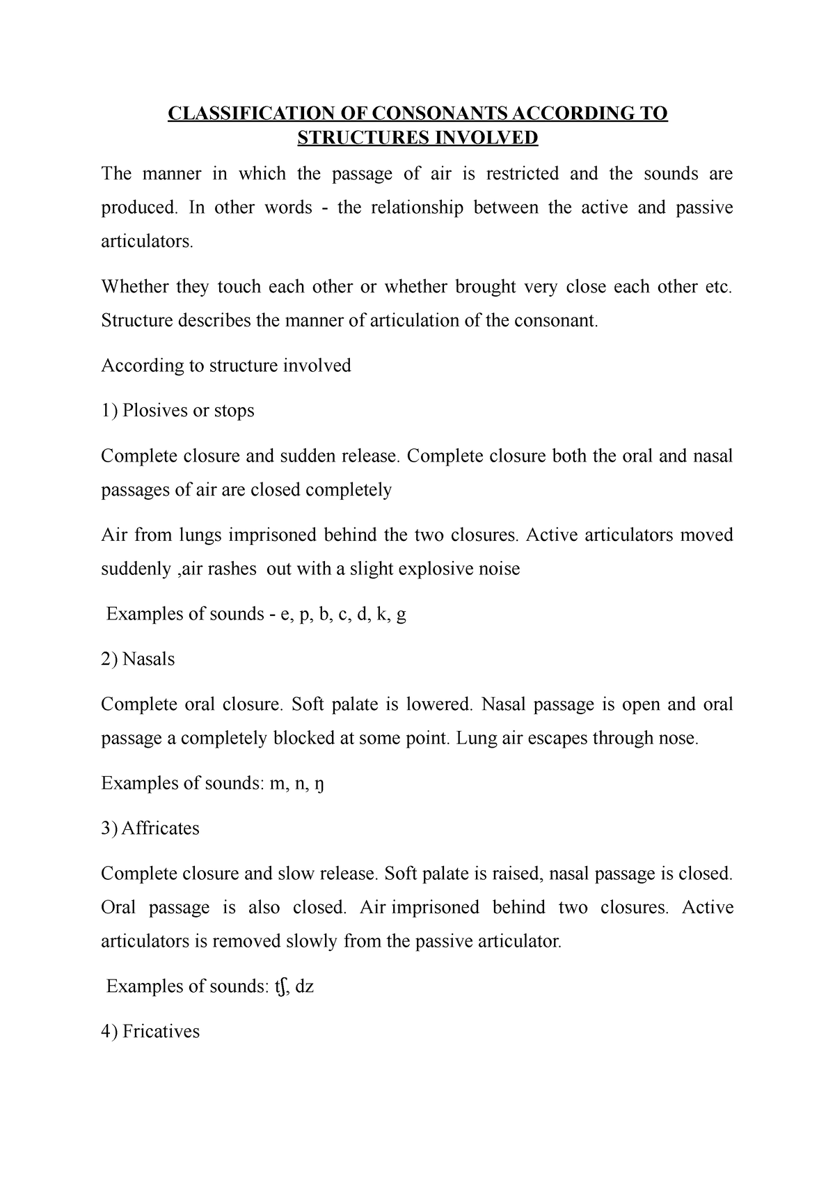 Classification OF Consonants According TO Structures Involved ...