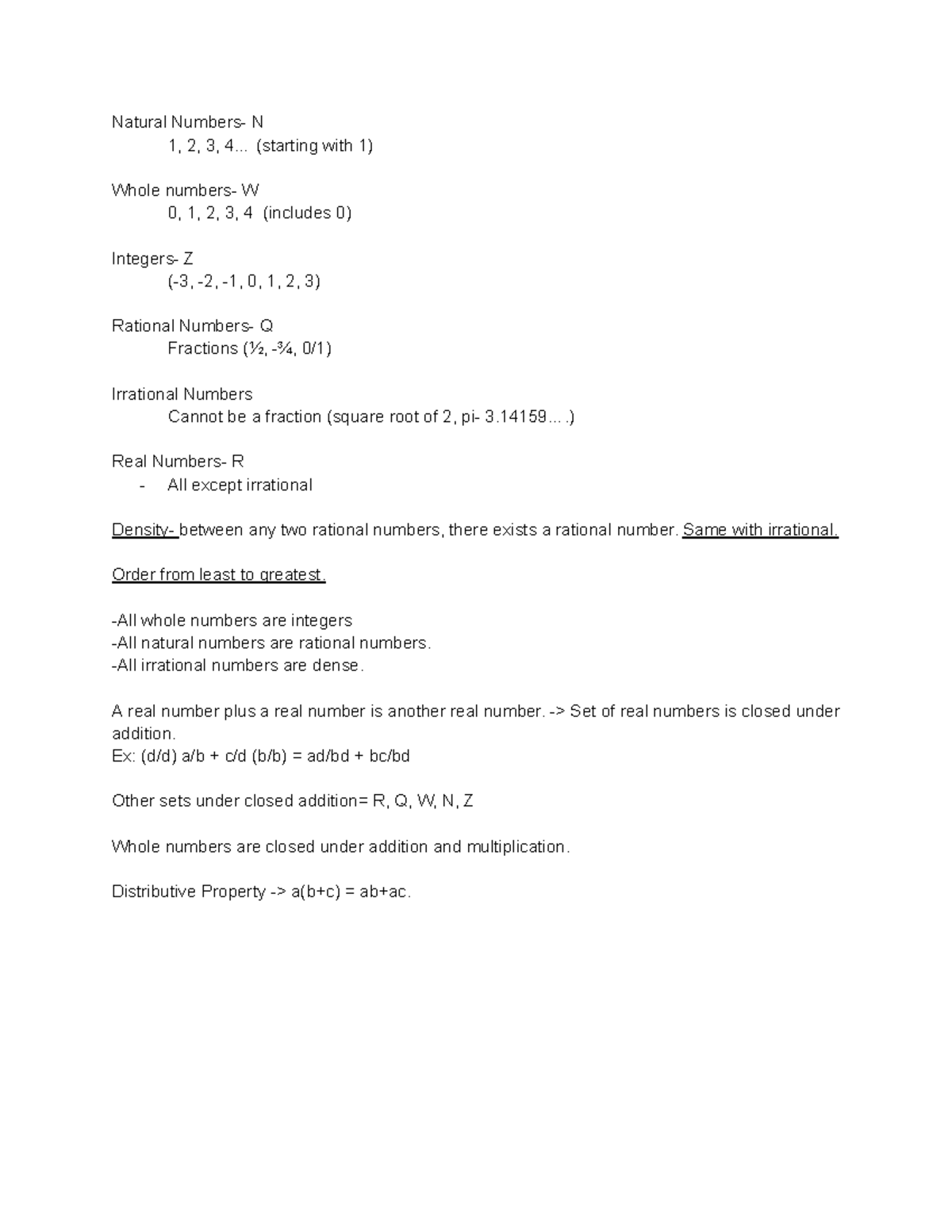 Algebra II Notes - Natural Numbers- N 1, 2, 3, 4... (starting with 1 ...