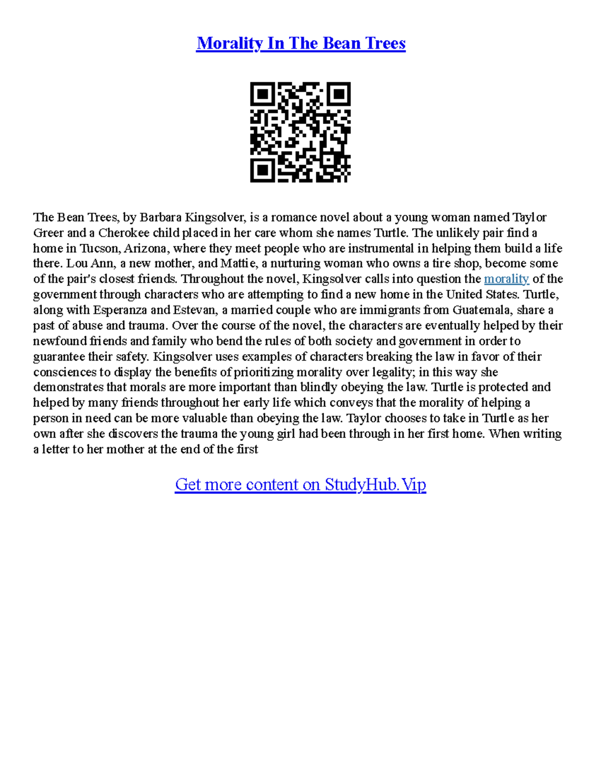 The Bean Trees Essay Morality In The Bean Trees The Bean Trees, by