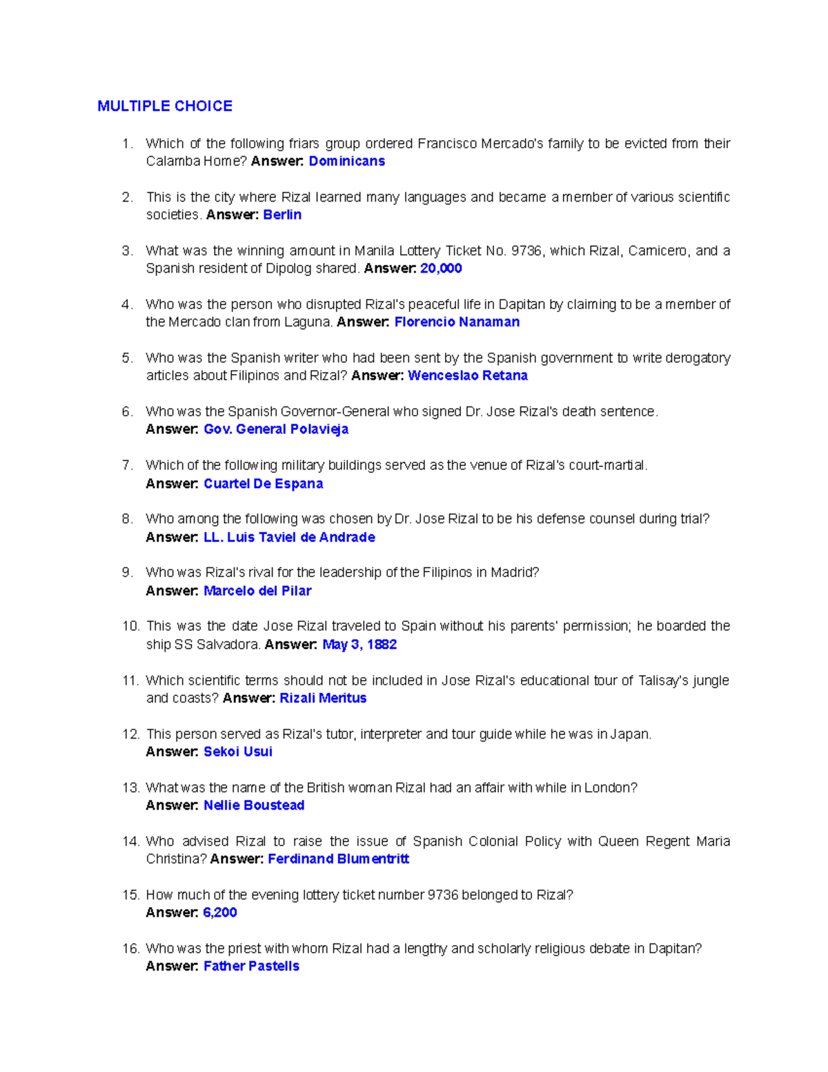 11Rizal Reviewer Rizal MULTIPLE CHOICE Which of the following