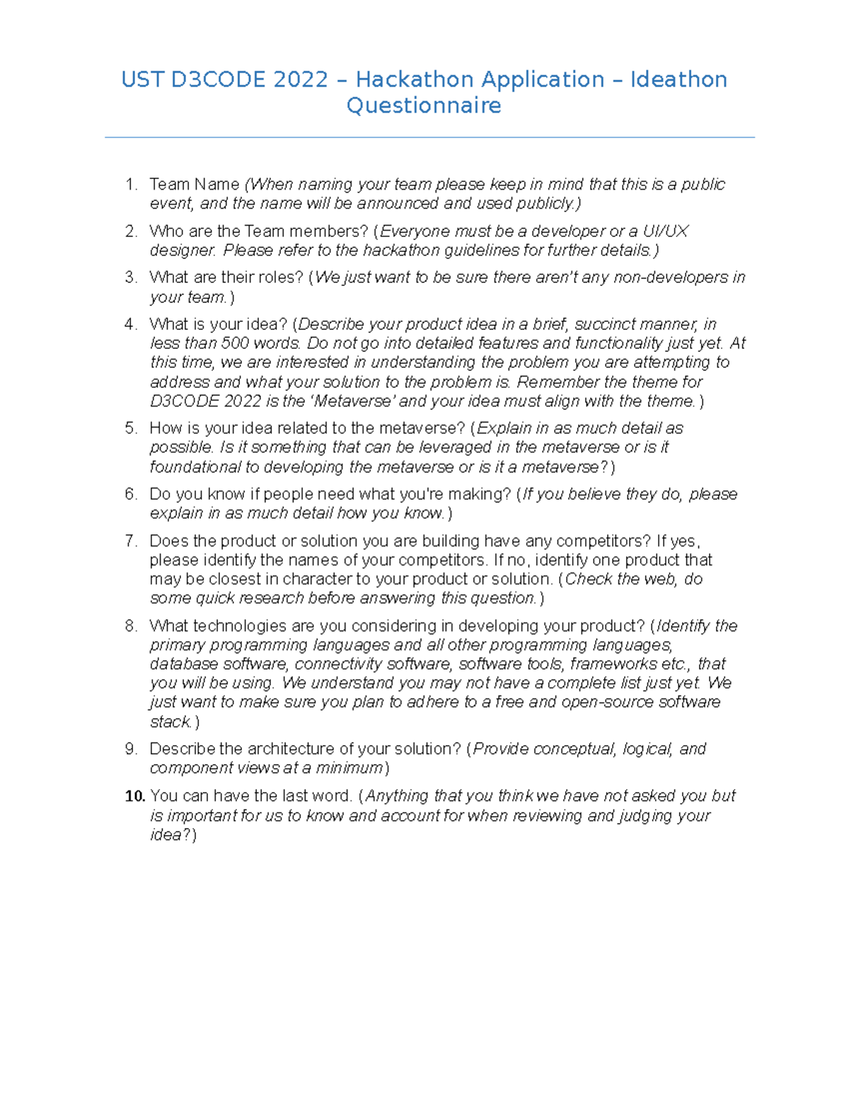 UST D3code Ideathon Questionnaire 15c9e15 - UST D3CODE 2022 – Hackathon ...