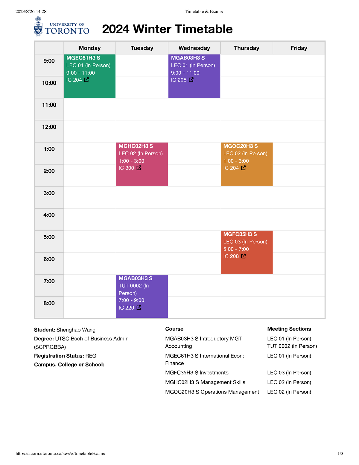 Timetable Winter THIS is the study material for UTSC 2023/8/26 14