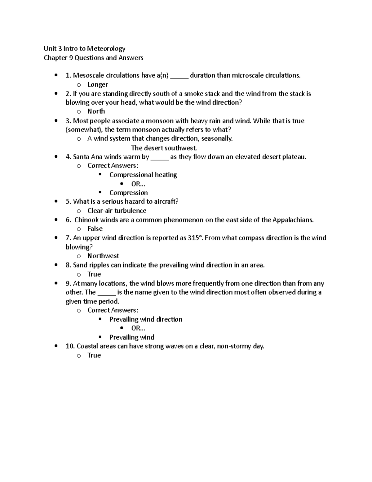 Chapter 9 Unit 3 Quiz Unit 3 Intro to Meteorology Chapter 9 Questions