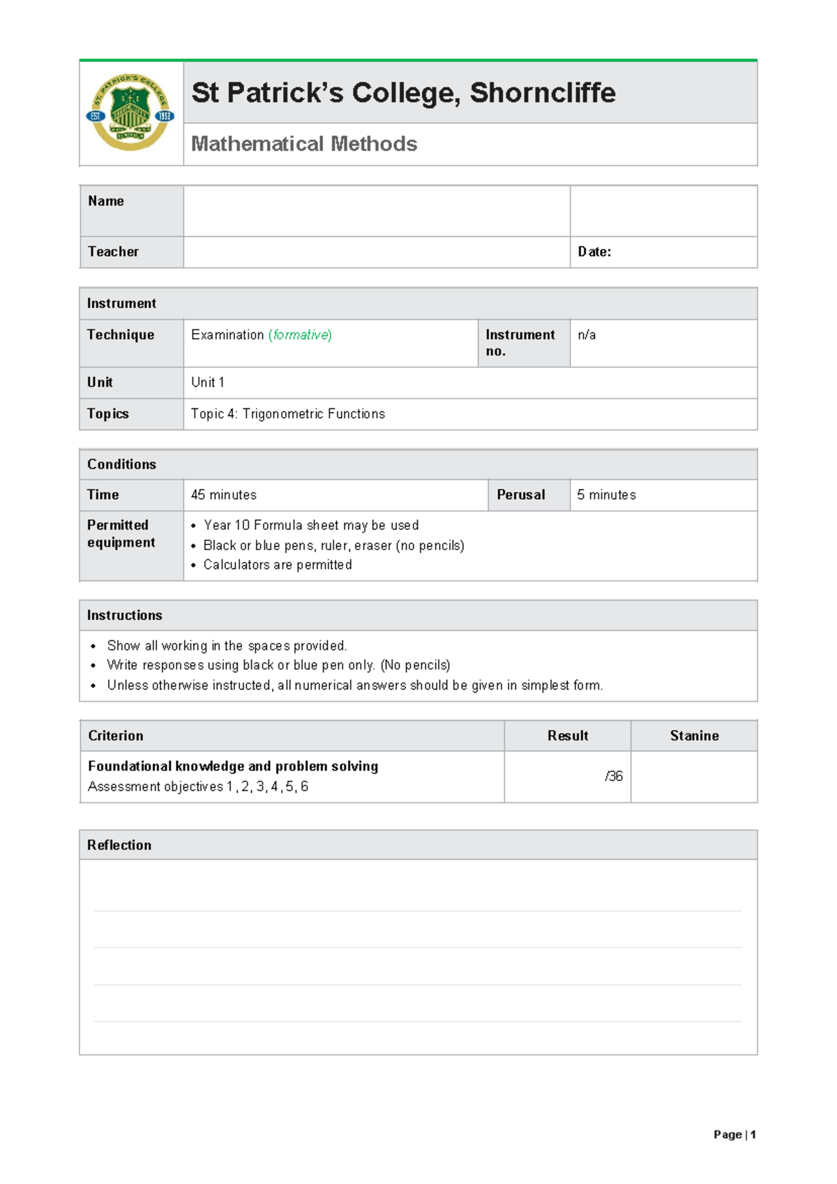 MMT Unit 1.4 Trigonometric Functions FQ - St Patrick’s College ...