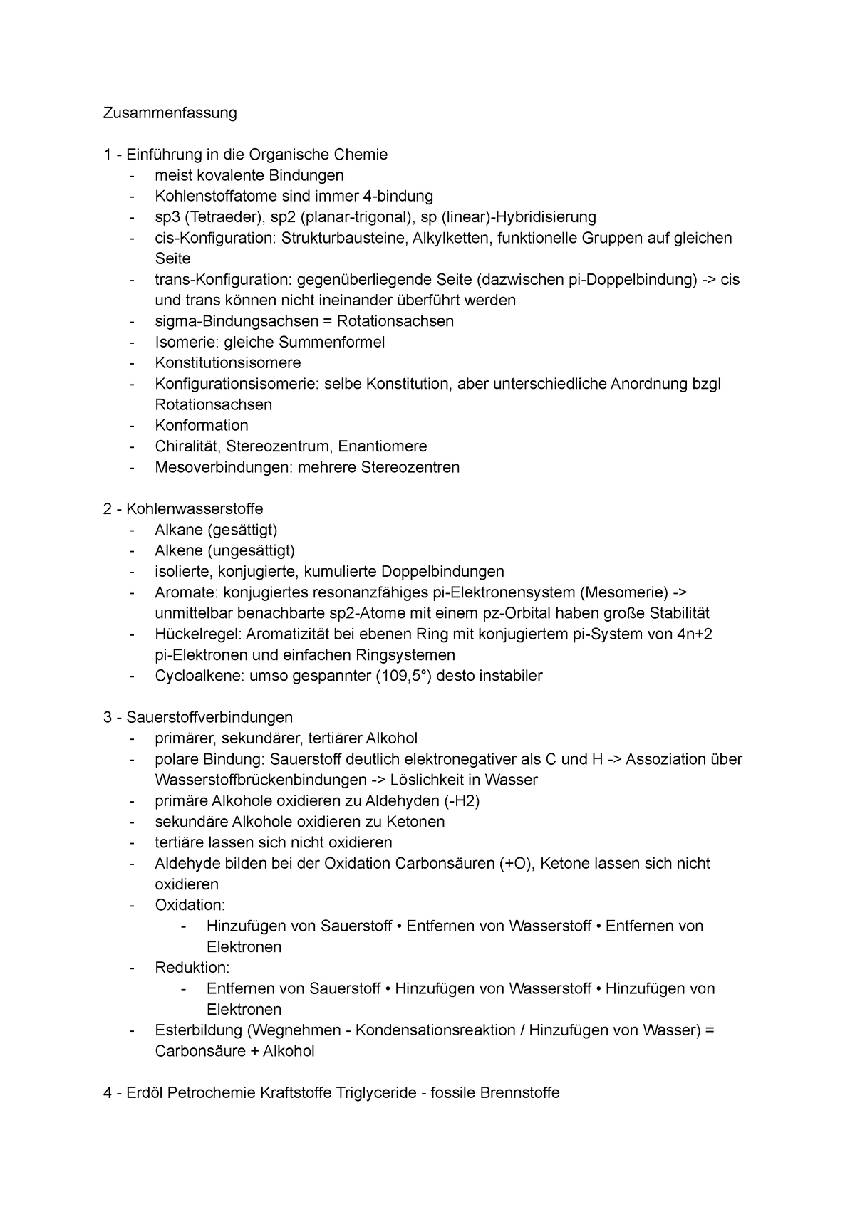 Zusammenfassung - Organische Chemie - Zusammenfassung 1 - Einführung In ...