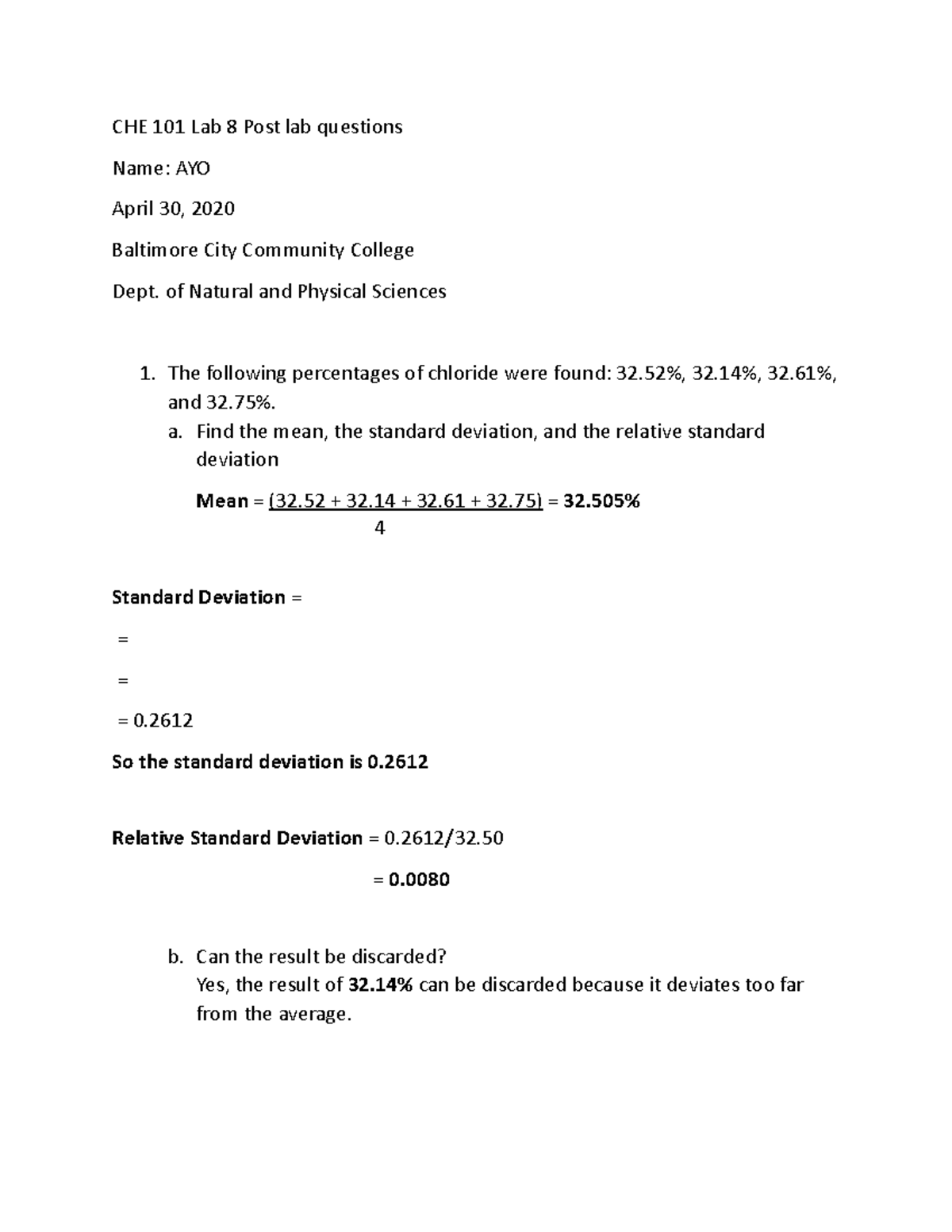 CHE 101 Lab 8 Post lab questions^ - CHE 101 Lab 8 Post lab questions ...