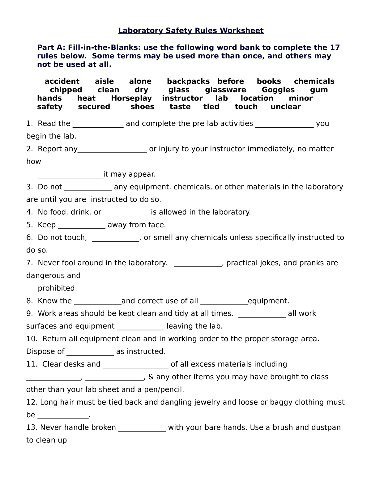 Safety Rules Fill in the blank - Laboratory Safety Rules Worksheet In Lab Safety Worksheet Answer Key