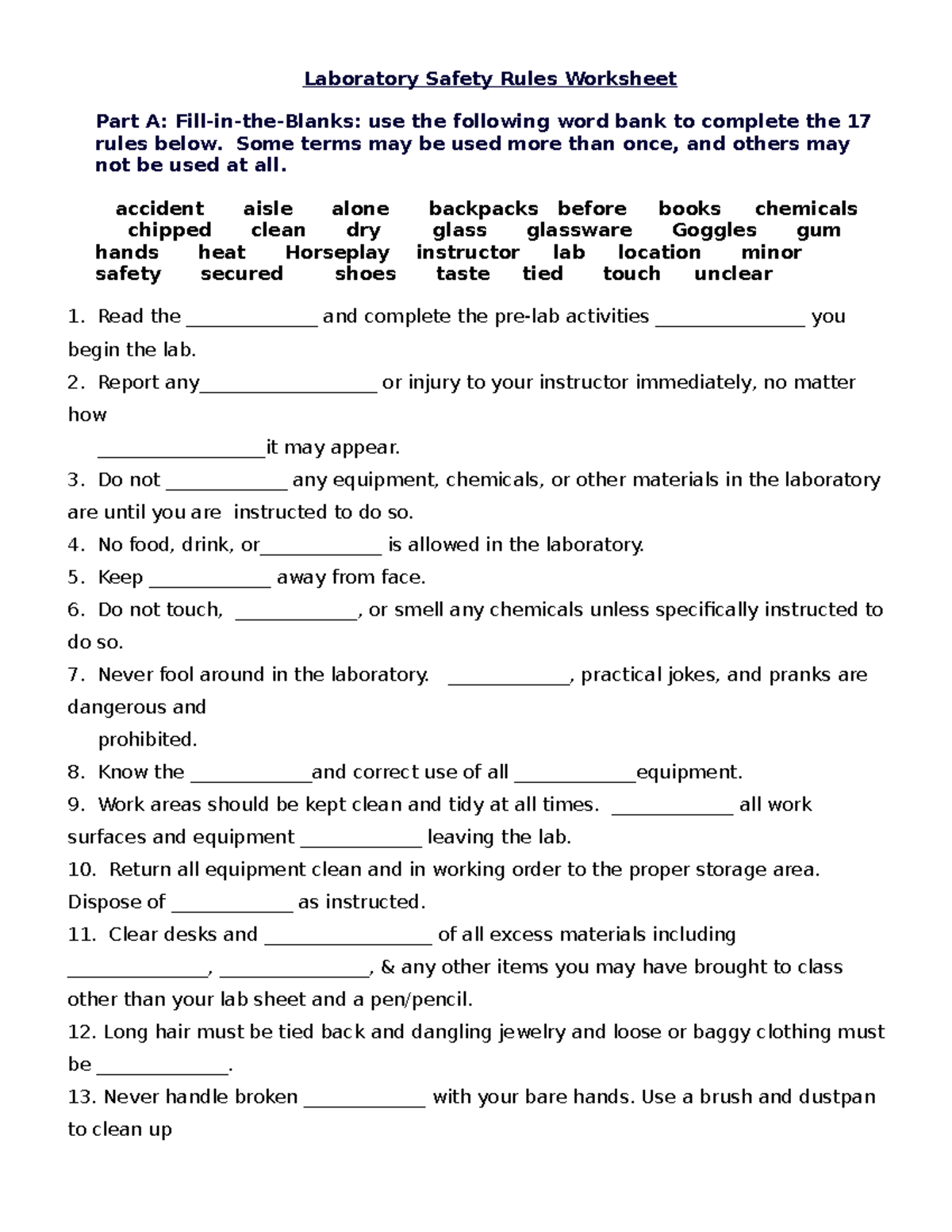 Safety Rules Fill in the blank - Laboratory Safety Rules Worksheet With Regard To Lab Safety Worksheet Answers